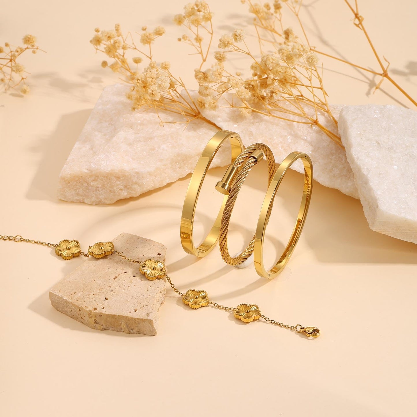 ISELBDR 18K Gold Bangle Bracelets for Women - Stackable Clover & Nail Love Bangle Set - Non-Tarnish Jewelry for Birthday Valentine's, Mother's Day & Christmas (Gold-A)