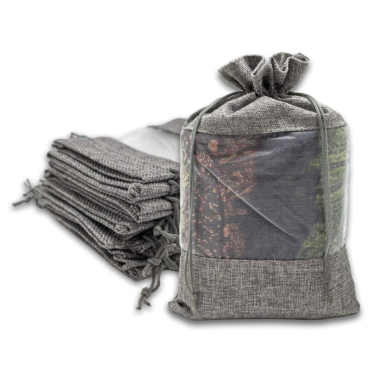48-Pack X-Large Linen Burlap & Organza Gift Bags w. Drawstrings (7.5x11.5 in, Gray) - Party Favors, Presents, Samples & Treats Mesh Pouch by The Display Guys