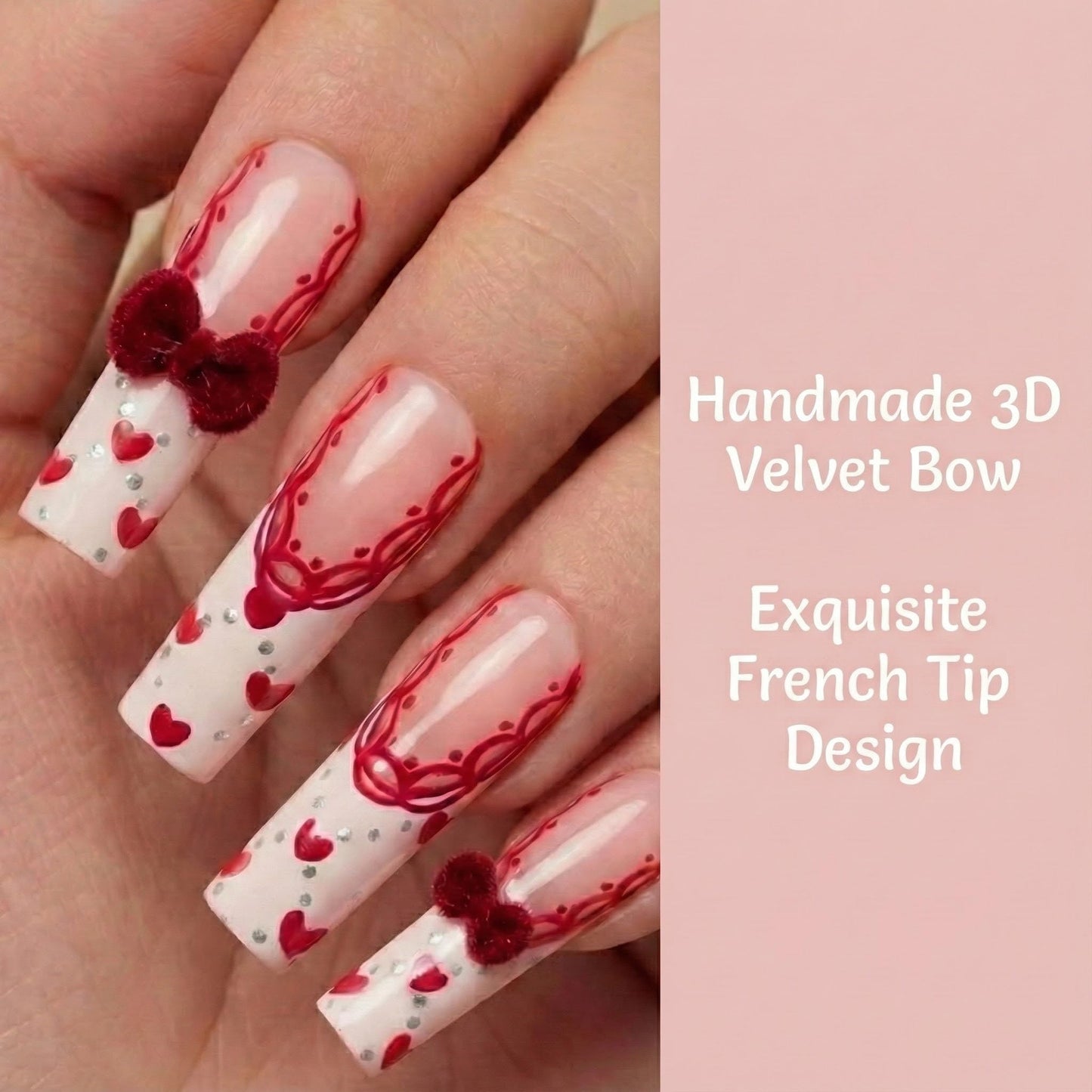 White French Tip Press on Nails, Coffin Shape, Thick, Decorative 3d Bow, Long Square, Salon Perfect Quality, Acrylic Nail Pack, Red Heart Pattern for Women, Cute Y2K Style, Nailinism