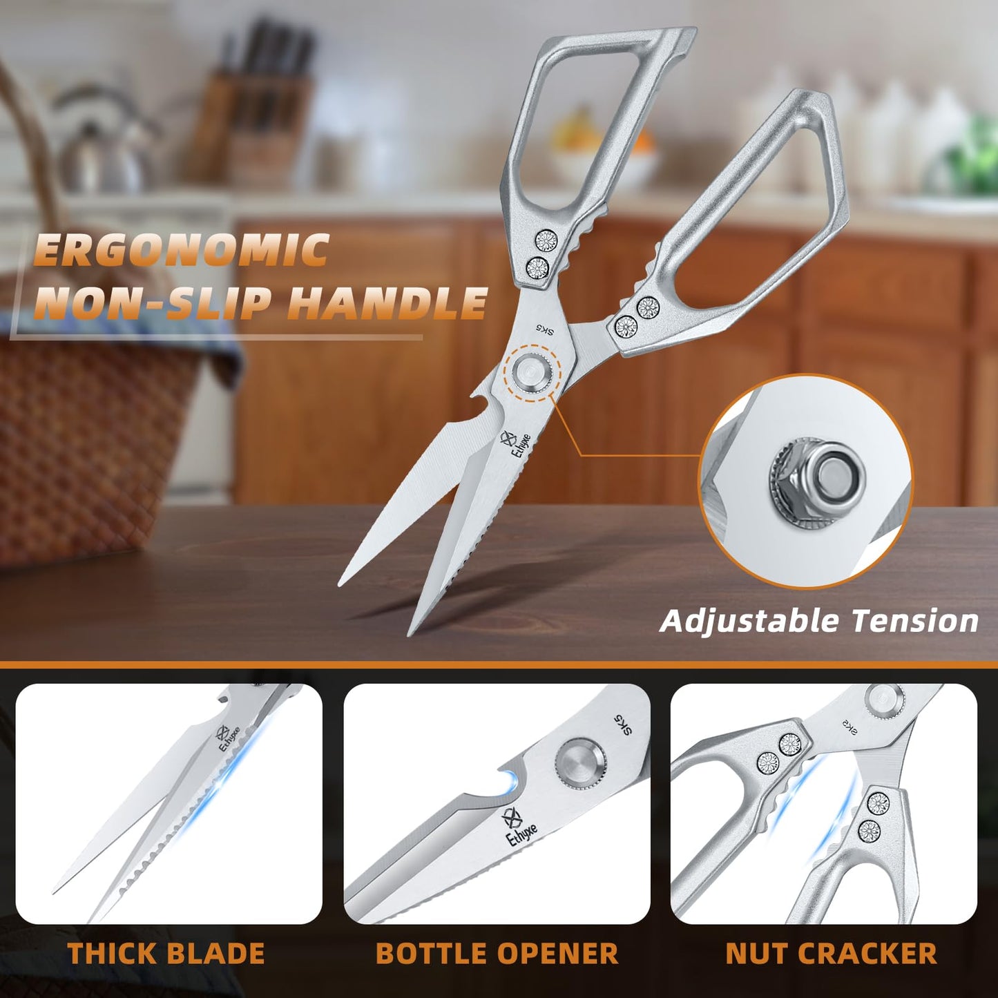 Ethyxe Kitchen Scissors Set - Heavy Duty Japanese Style, Dishwasher Safe, All Purpose Meat Cutting Shears, Sharp Food Scissors for Chicken Bones, Turkey, Fish & Vegetables