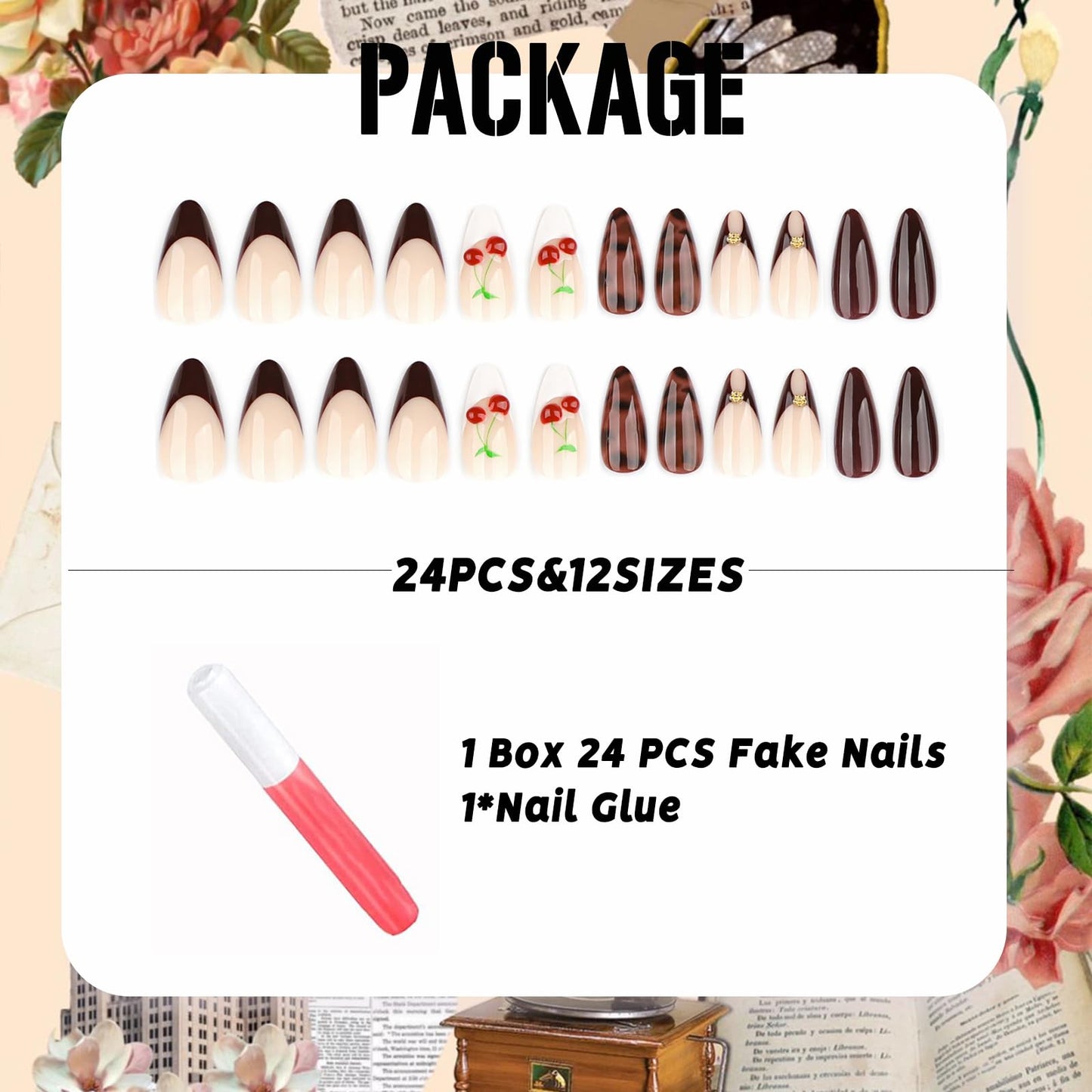 IMSOHOT Cherry Press on Nails Medium Almond Fake Nails Burgundy French Nail Tips Full Cover Glossy Glue on Nails Acrylic Artificial Cute False Nails for Women 24Pcs