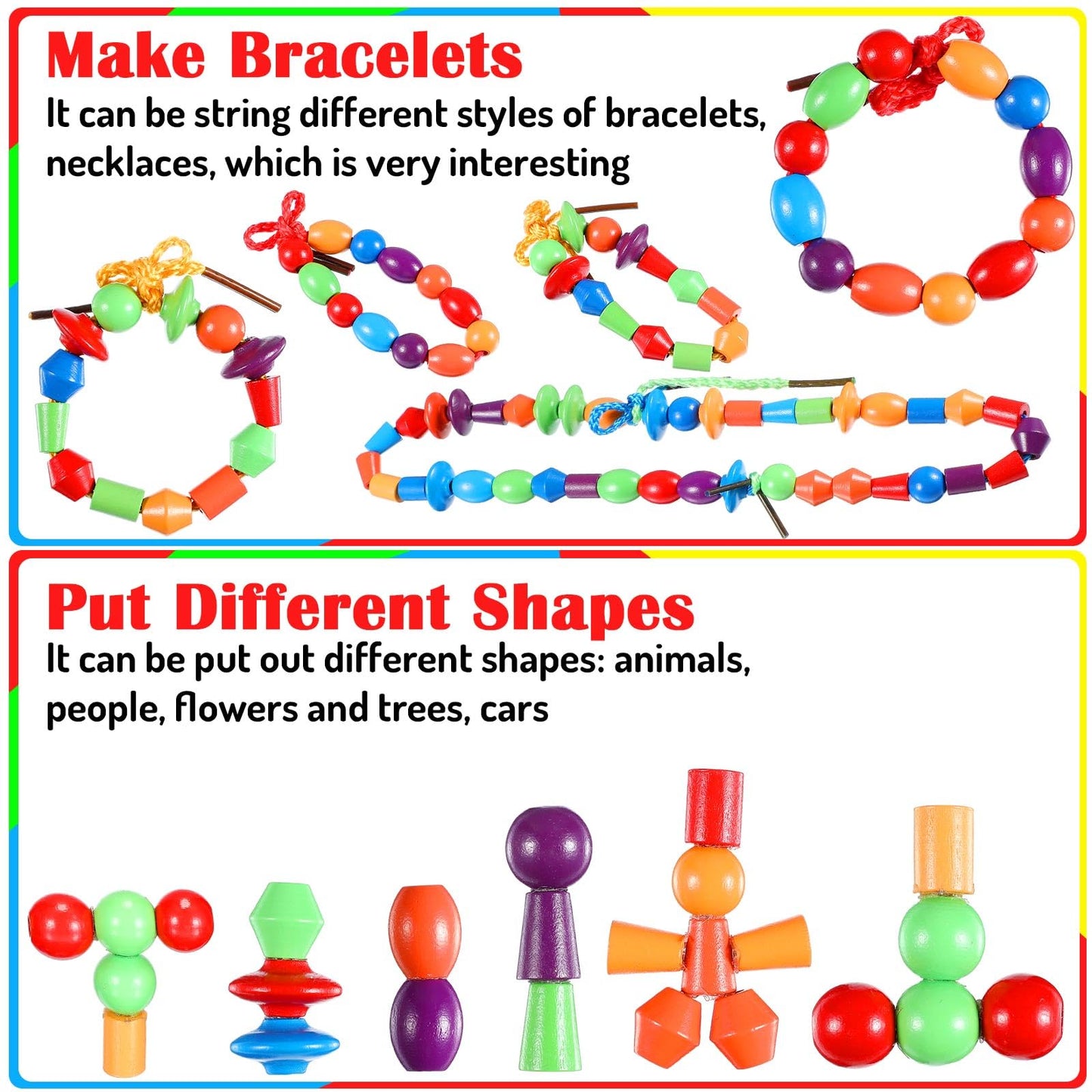 Shappy 324 Pcs Wooden Lacing Beads for Wooden String Beads Threading Toys Montessori Lacing Toys Fine Motor Skills Developmental Educational Plaything Sensory Occupational Therapy Activities Autism OT