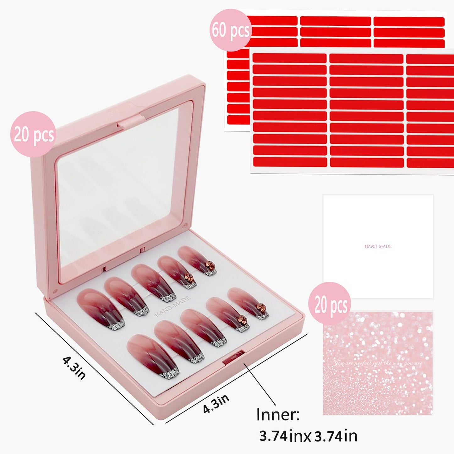 GUXACU Press On Nail Packaging Boxes 3D Floating Press On Nail Storage Box Nail Display Box with 60pcs Double Sided Adhesive Nail Display Tape for Nail Tech (Pink, 4.3 inch)