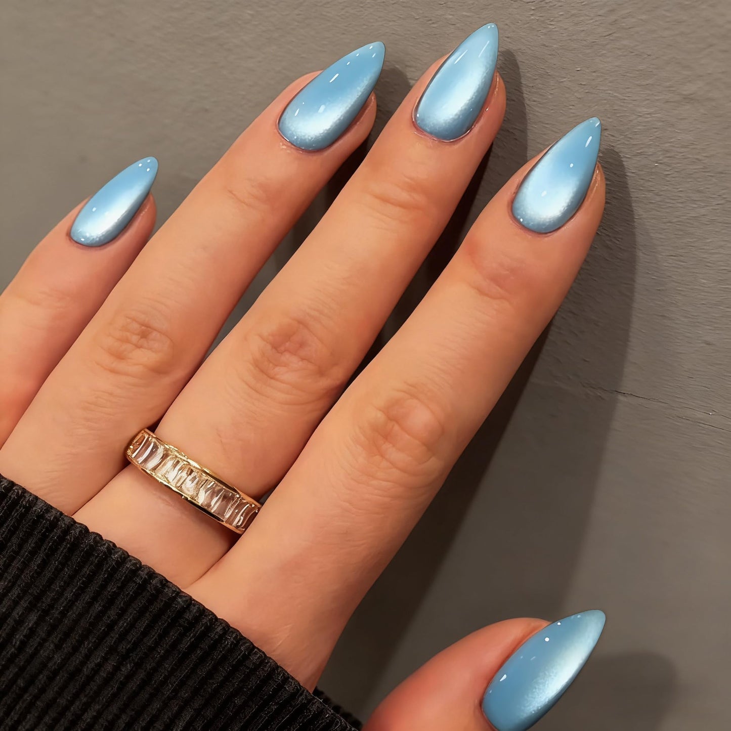 KQueenest Cat Eye Press On Nails Almond - Light Blue Press On Nails Medium Stiletto, 30 Pcs 15 Sizes Glitter Fake Nails Press ons, Upgrade Thick Quality, Reusable Reflective Glue on Nail for Women