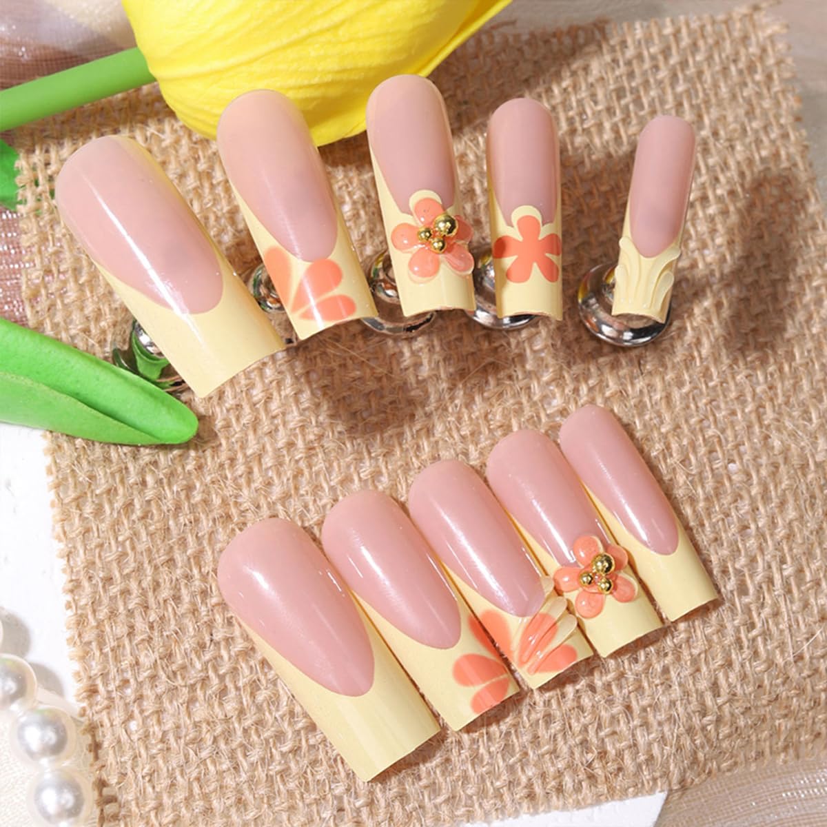 Yellow French Tip Press on Nails Long Square Nails Press ons with Flower & 3D Gold Pearl Design Nude Summer Fake Nails Full Cover Glossy Stick on Nails for Women 24Pcs