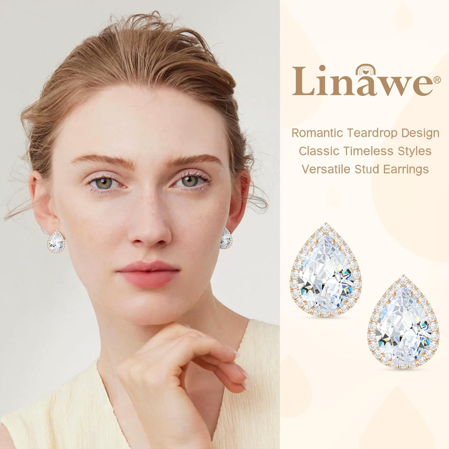 Linawe Imitation Diamond Moissanite Cubic Zirconia Stud Earrings, Rose Gold Earrings Studs for Women Wedding, Teardrop Rhinestone Crystal Clear Piercing Jewelry Formal Dainty Sparkly
