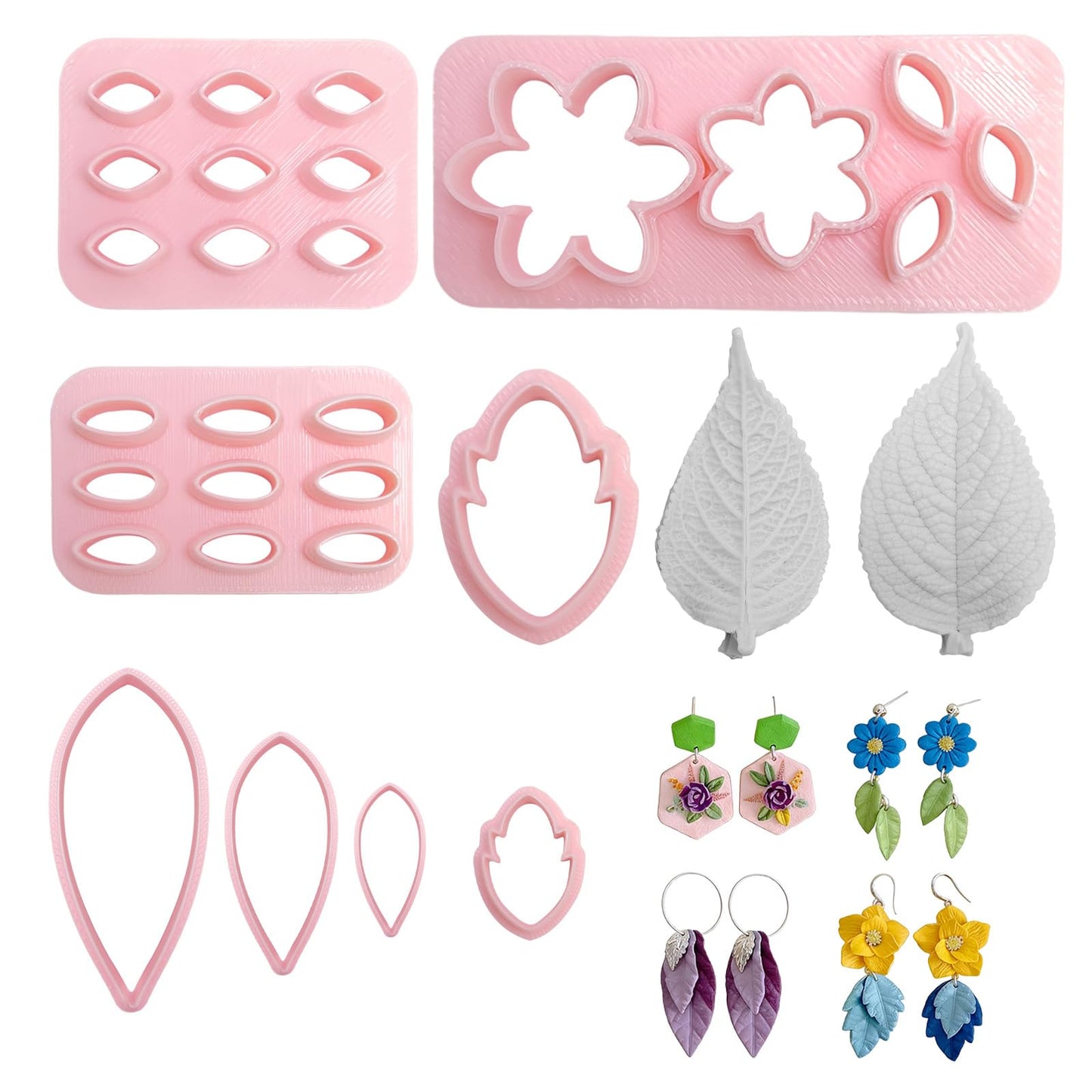 8 Pcs Clay Cutters Molds for Polymer Clay Jewelry, Press Mold and Cutter Set for Earrings, Floral Leaf Geometric Shapes with Mini Flower Press Tools for Crafts