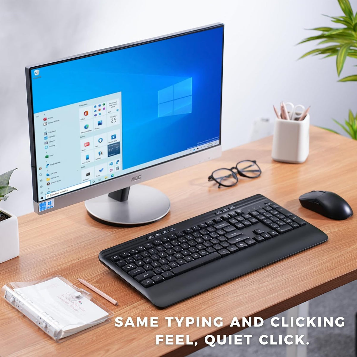 Wireless Keyboard and Mouse Set with Quiet Keys, 2.4G Full Size Ergonomic Keyboard with Wrist Rest, Protective Covers, Soft Touch Silent Design for Windows, Computer, PC and Laptop