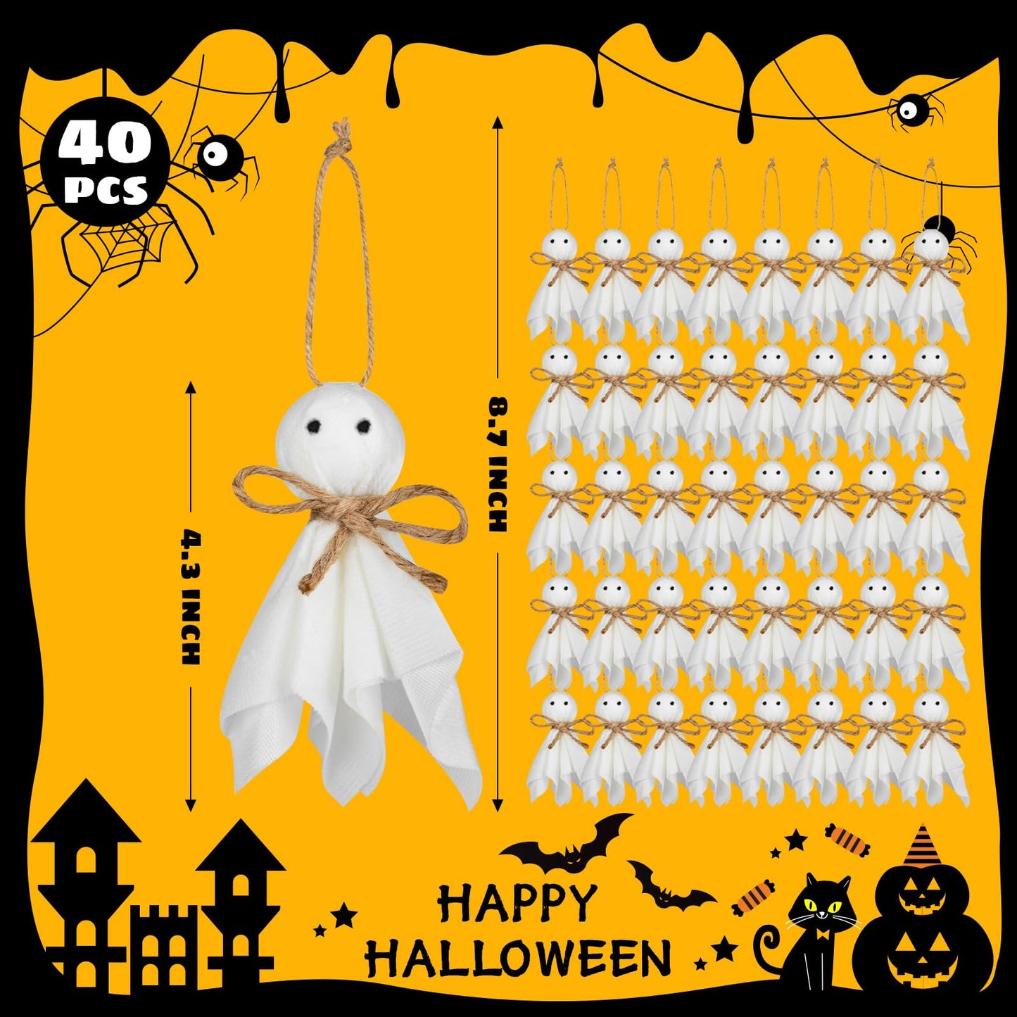 40 Pcs Small Halloween Ghost Hanging Ornaments, 4Inch Mini Halloween Cute Ghost Tree Ornaments Decor for Bedroom, Classroom, Yard, House Party