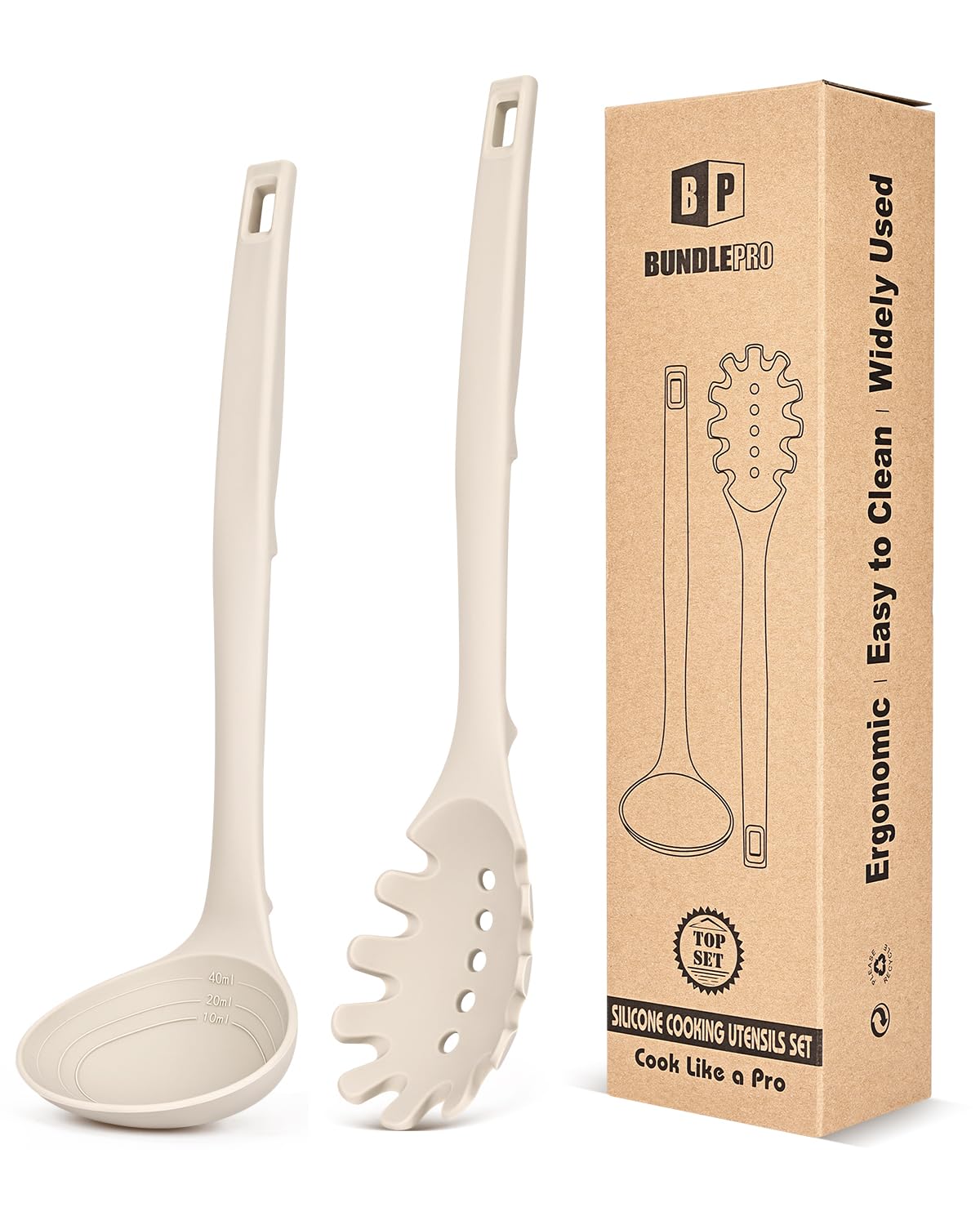 Silicone Pasta Fork and Soup Ladle Set, Heat Resistant Non Stick Kitchen Utensils with Back Hooks, Suitable for Cooking, Stirring, Serving Spaghetti, Soup, Sauce(KHAKI)
