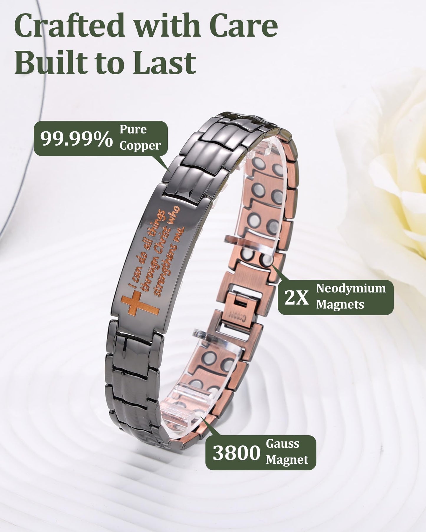 Fashtour Copper Cross Bracelet for Men - Ultra Strength Magnetic Mens Cross Jewelry Set - Adjustable Magnetic Bracelet with Sizing Tool Jewelry Box (Philip 4:13)