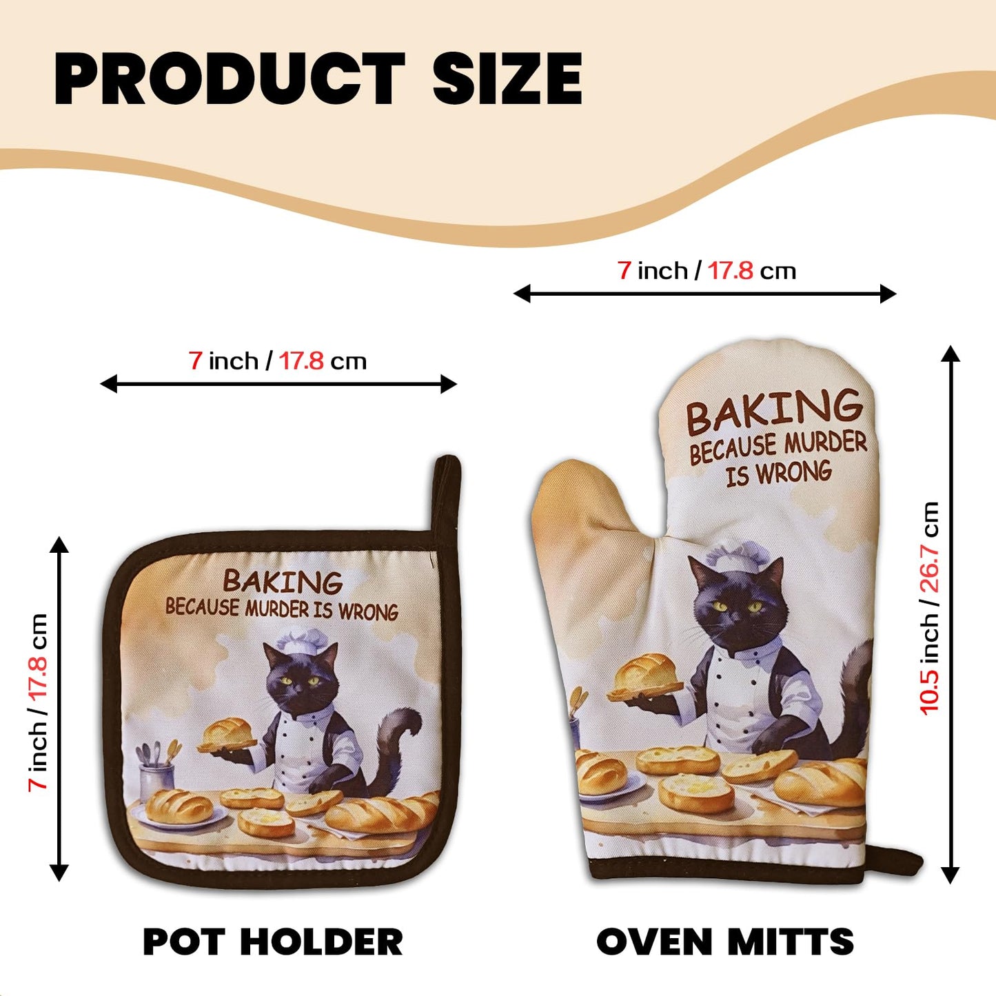 GOSJINNK Funny Baking Cat Oven Mitts and Pot Holders（Set of 2）Baking Because Murder is Wrong Baker Mitts for Kitchen Decor Silicone Non-Slip Oven Mitts Cat Lover Gift Birthday Gift for Friend Chef