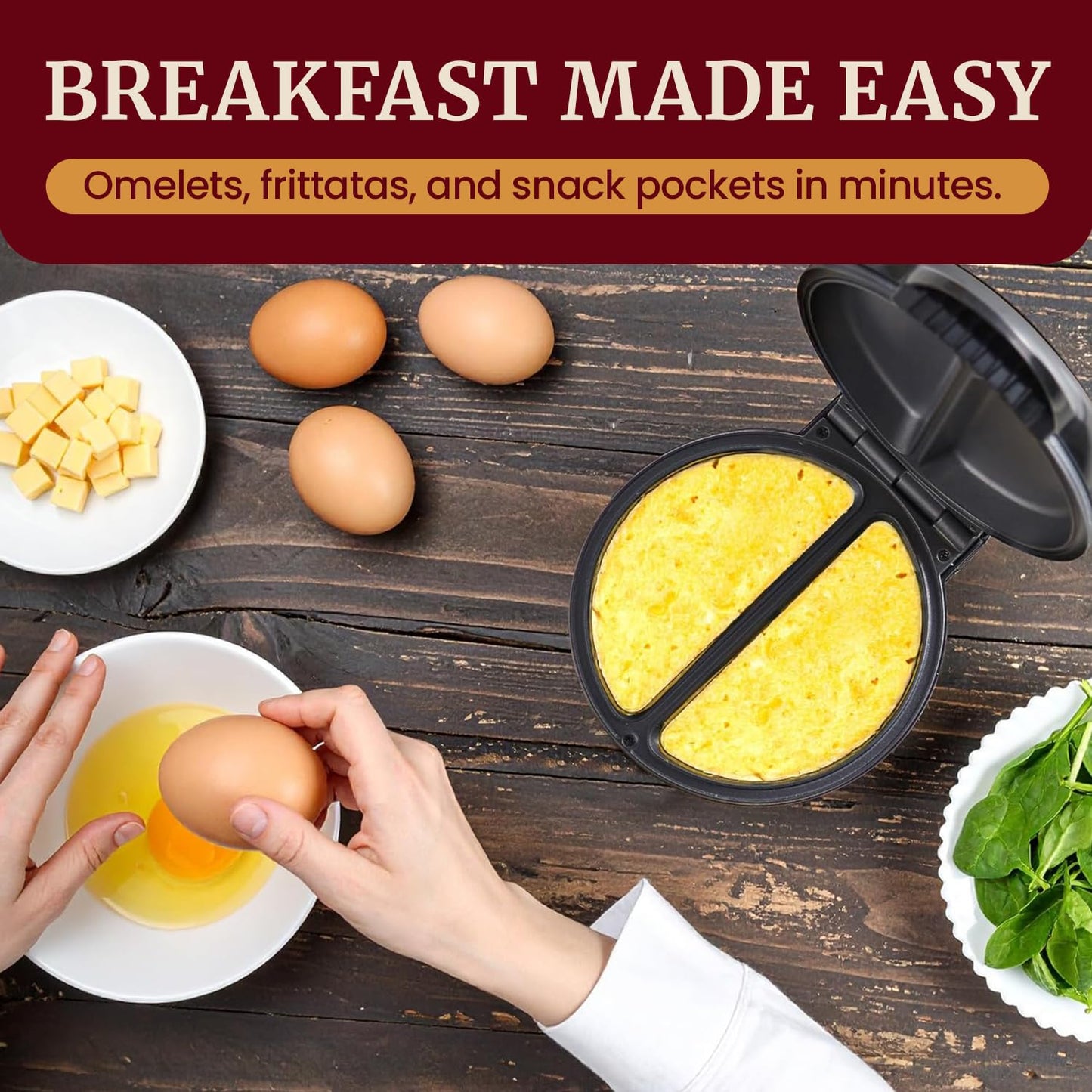 Elite Gourmet EOM205 Non-Stick Omelet Frittata Snack Pocket Maker for 2 Individual 6.5" Omelets, Stainless Steel and Black