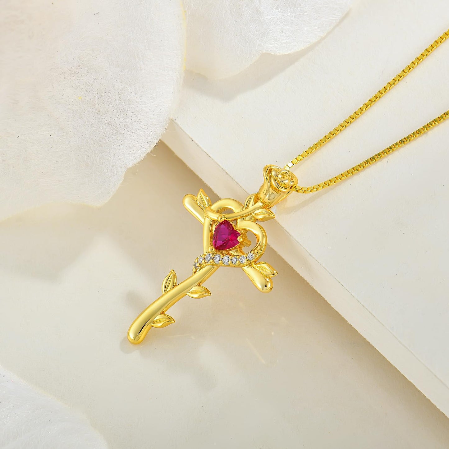 STARCHENIE Rose Cross Necklace, 925 Sterling Silver 14K Gold Plated, Created Ruby Heart Pendant, Crucifix Jewelry Gift for Women