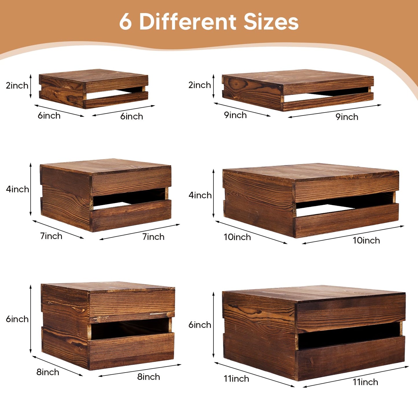 LEIFEOSH 6 Pack Wooden Crates for Display Wooden Risers Square Food Risers for Buffet Party Rustic Wood Cake & Cupcake Stands