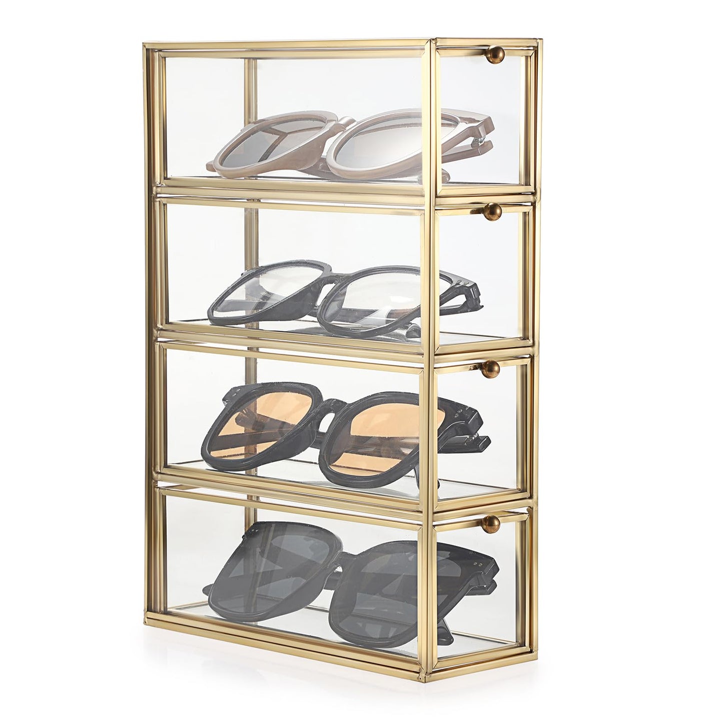 Hipiwe Sunglasses Organizer Box with 4 Drawers, Gold Metal Eyeglass Storage Holder Eyewear Display Case, Clear Glass Multiple Drawer Organizer for Glasses Jewelry Watch Vanity Makeup