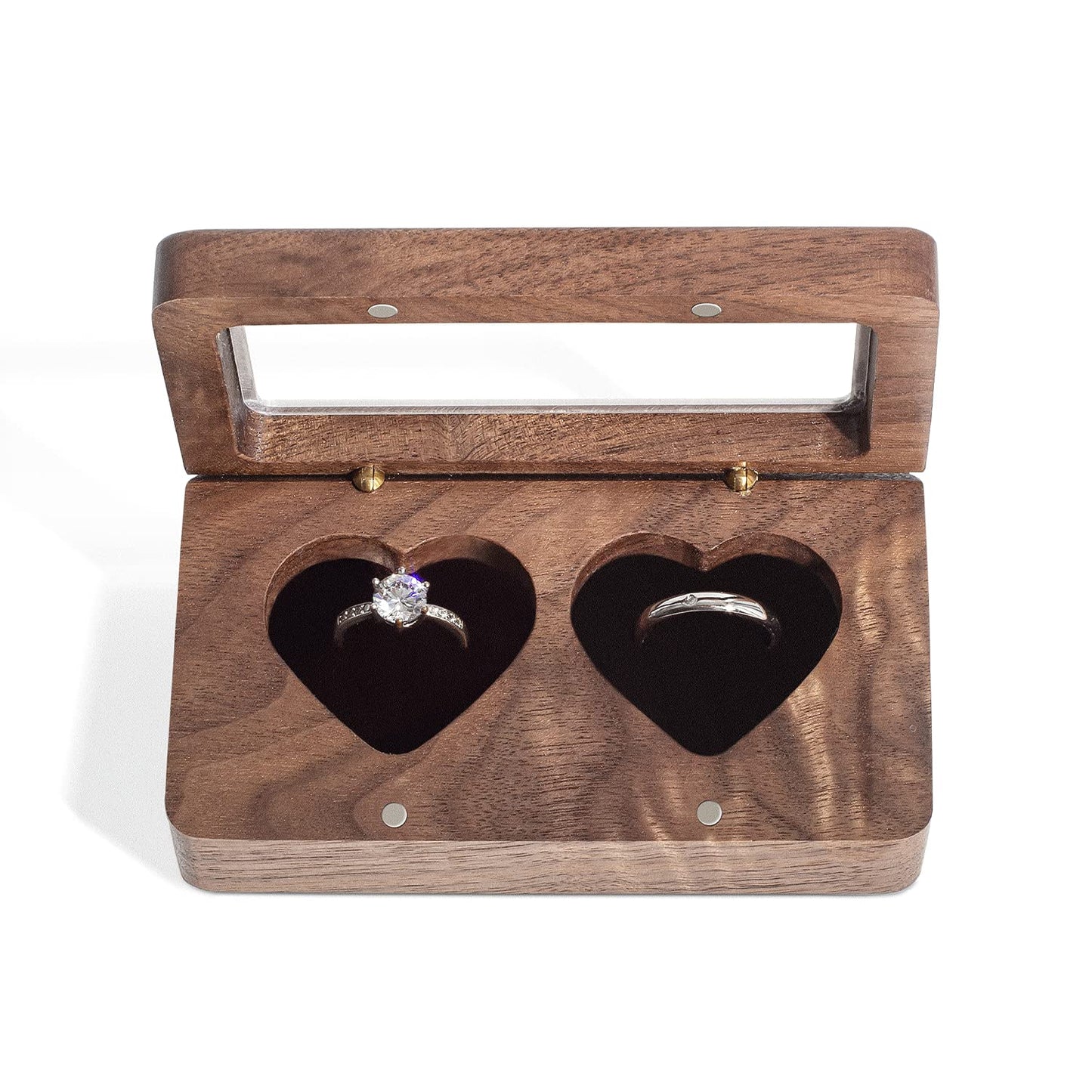 Wislist Double Ring Box for Wedding Ceremony, Walnut Wooden Heart-shaped Ring case for Wedding and Engagement (Walnut)