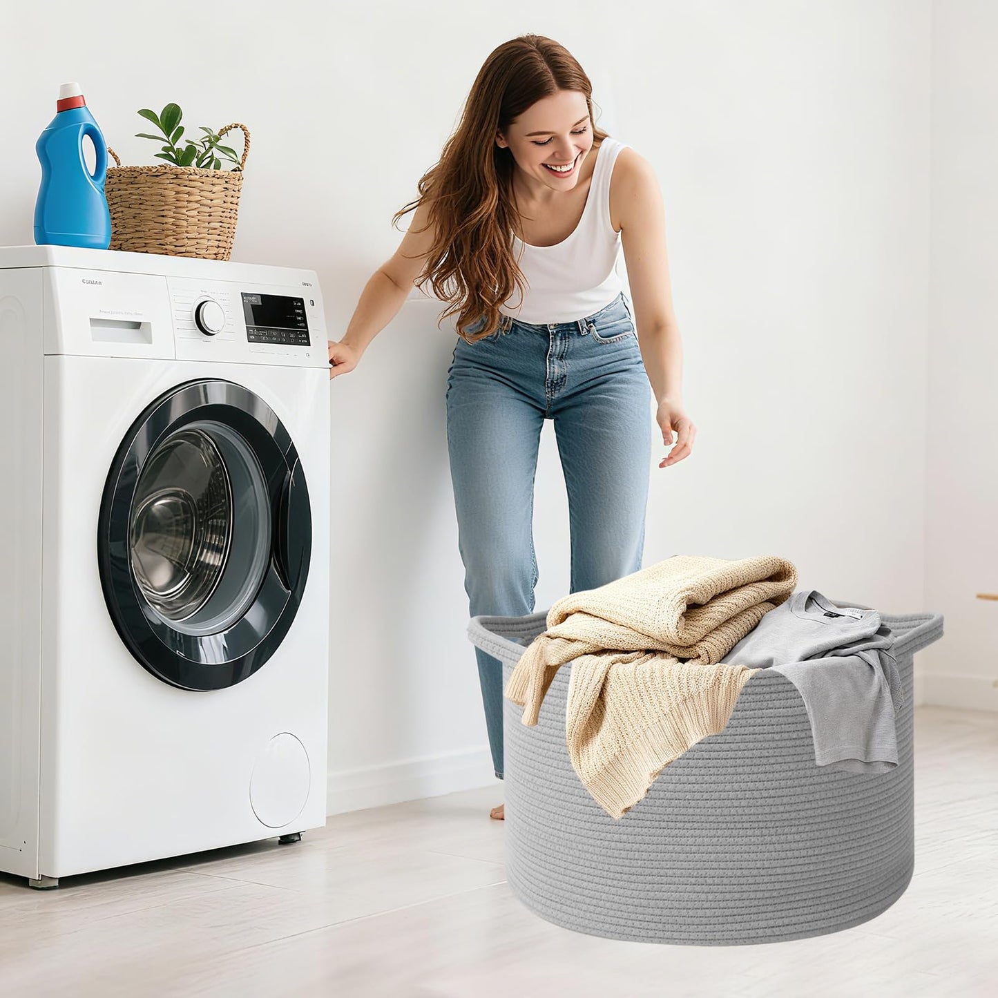 HZFTJOY 115L Extra Large Blanket Basket,Woven Rope Laundry Basket Hamper with Handles, Decorative Nursery Basket Storage Bin for Toys, Clothes Organizer, Living Room, Bedroom, Bathroom, Light Grey