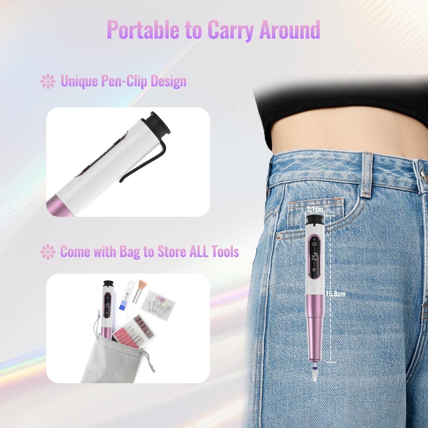 Denabuty Nail Drill Cordless, Electric Nail File 12 in 1 with LED Display, Nail Drill Machine Professional Portable Rechargeable E File for Gel Acrylic Manicure Pedicure Set with 5 Speeds Purple