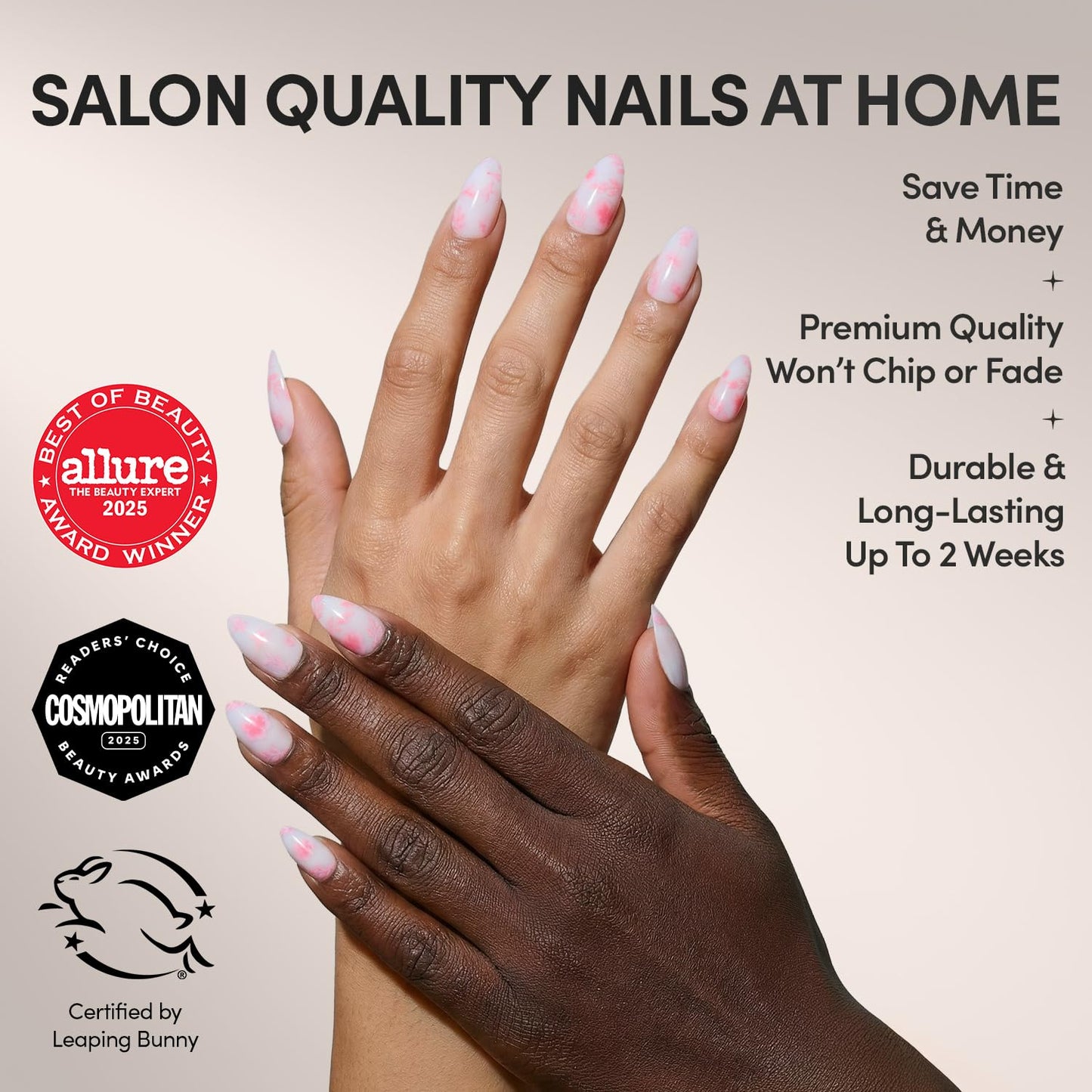 Glamnetic Press On Nails - Fleur Amour Spring Nails | Short Almond Fake Nails in White Base with Delicate Pink Floral Accents in a Glossy Finish | 15 Sizes - 30 Nail Kit with Glue