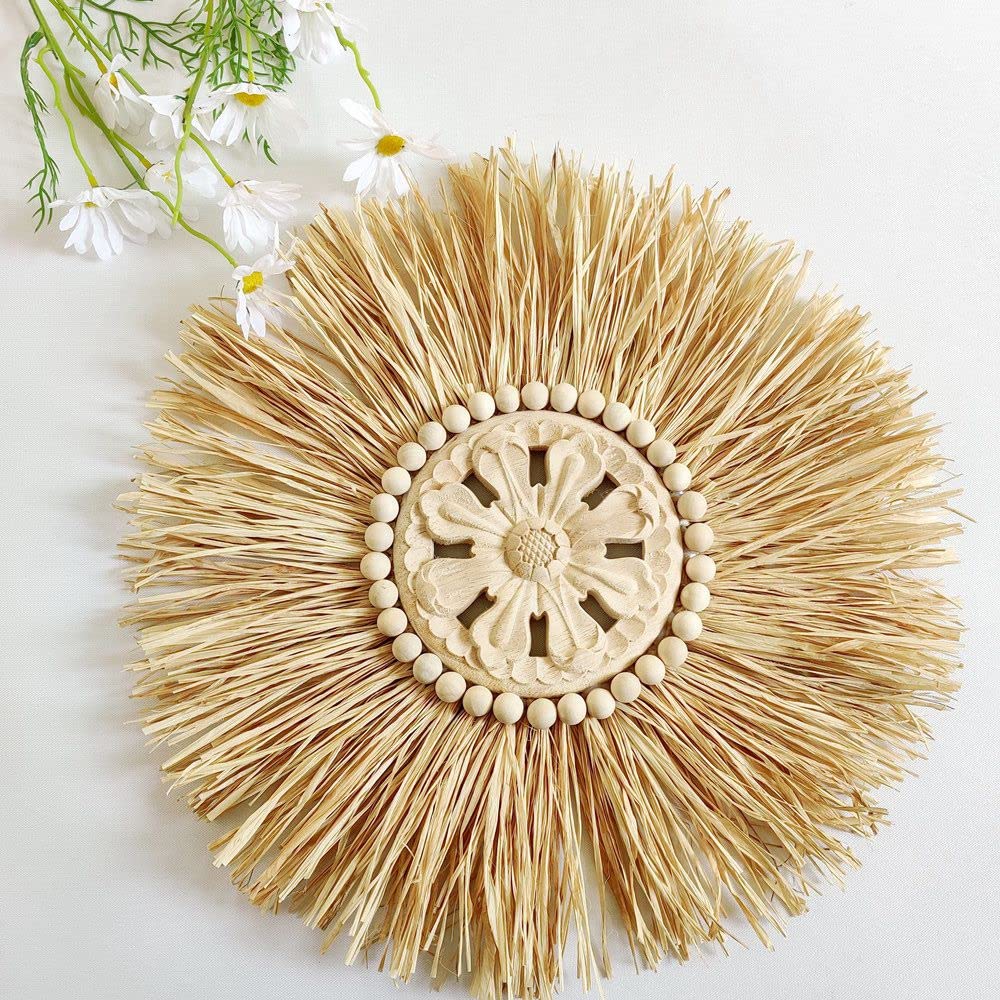 Hlsicnalm Boho Handmade Woven Straw Wall Decor Moroccan Wood Beads Wall Hanging Ornament Round Home Decoration for Living Room D
