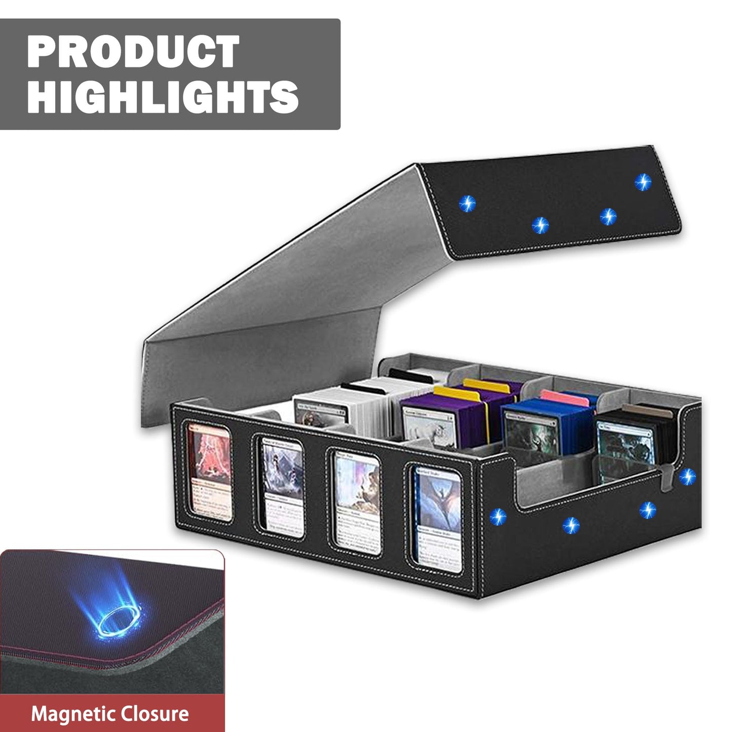TINTEK 4-Row Trading Card Storage Box – Holds 3000+ Cards – Commander Display Slot, Magnetic Removable Lid, PU Leather Deck Box – Compatible with MTG Commander, TCG,(T2400Black&Gray)
