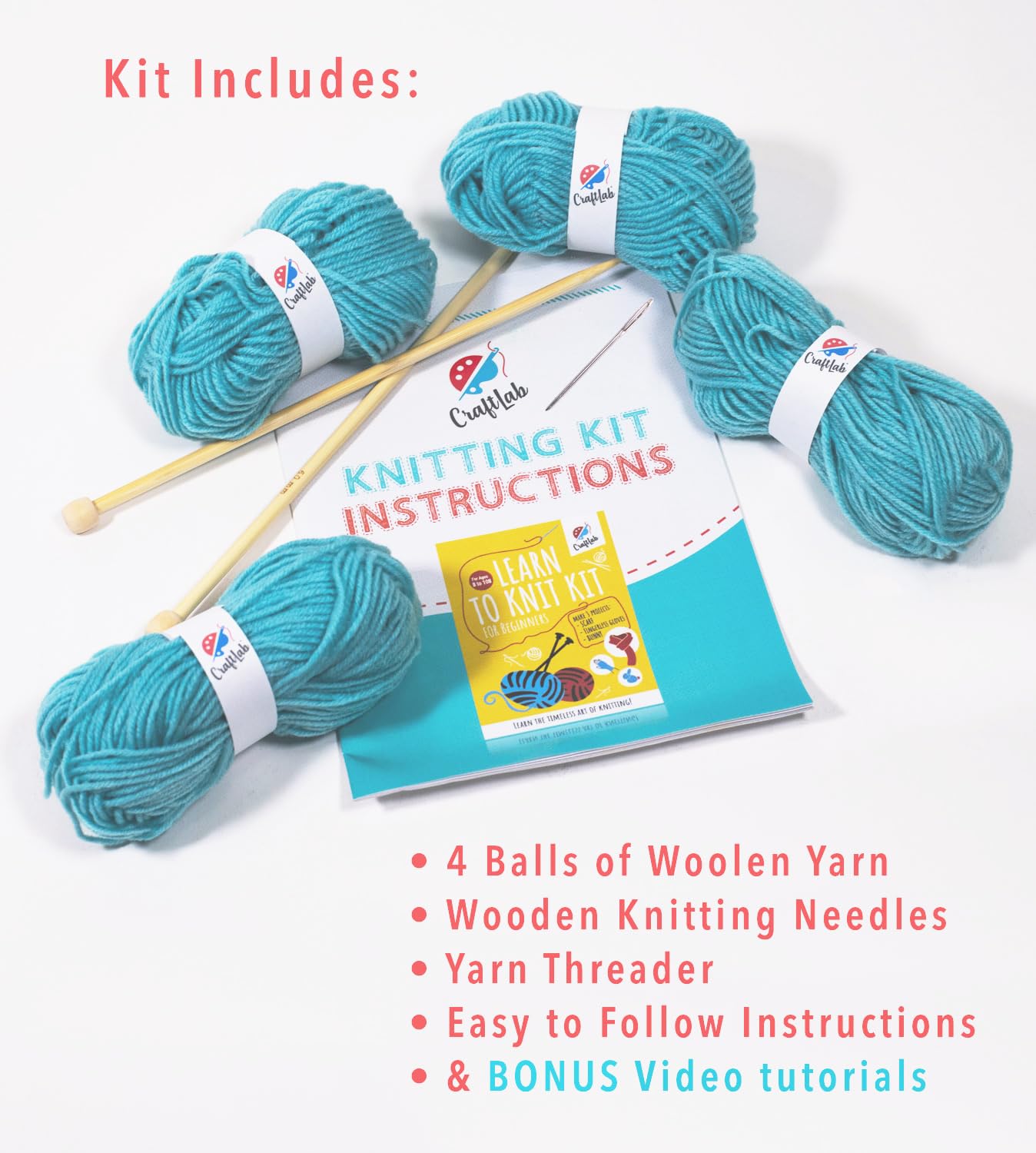 CraftLab Knitting Kit - Beginner Knitting Supplies with Wool Yarn, Needles, Instructions, DIY Gift