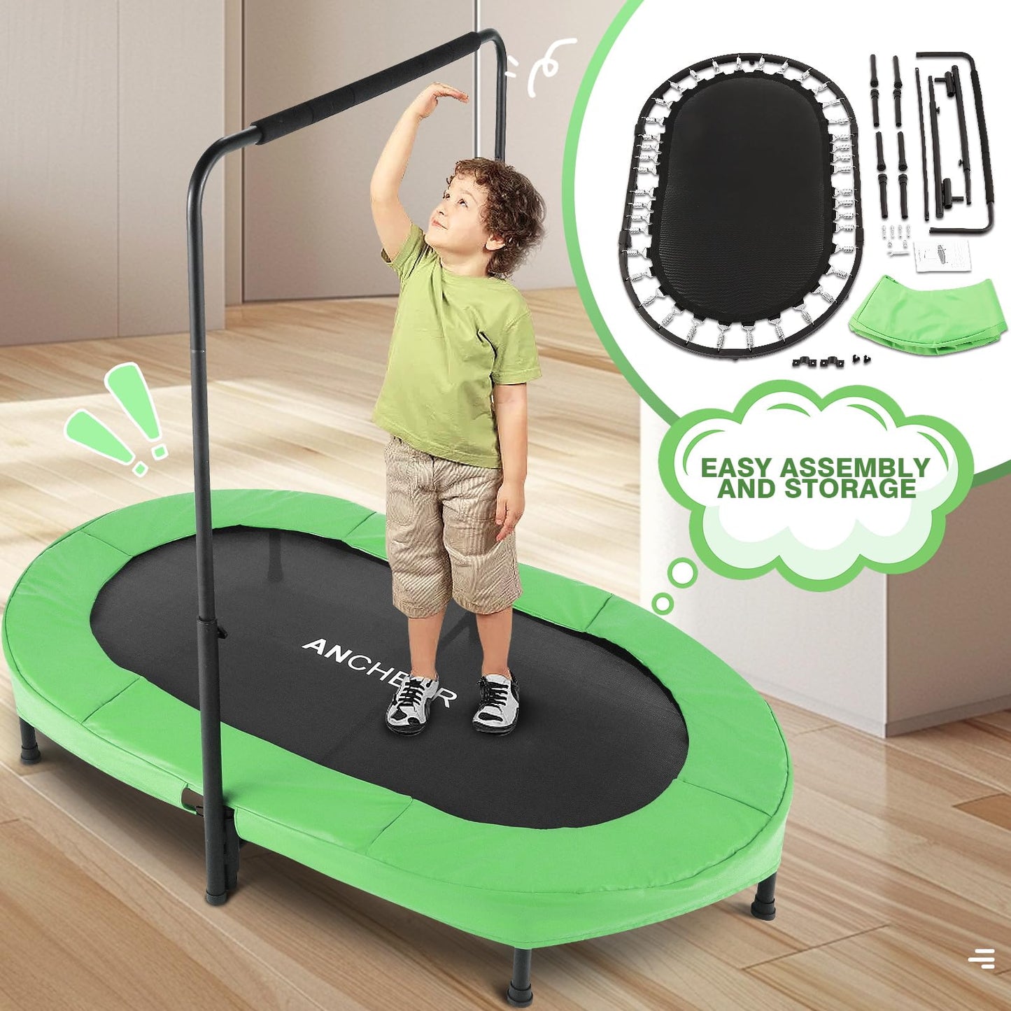 ANCHEER Trampoline for Kids, 56" Double Toddler Trampoline with Adjustable Handlebar, 220LBS Weight Capacity - Indoor/Outdoor Foldable Jumper for 2+ Users (ASTM Certified)