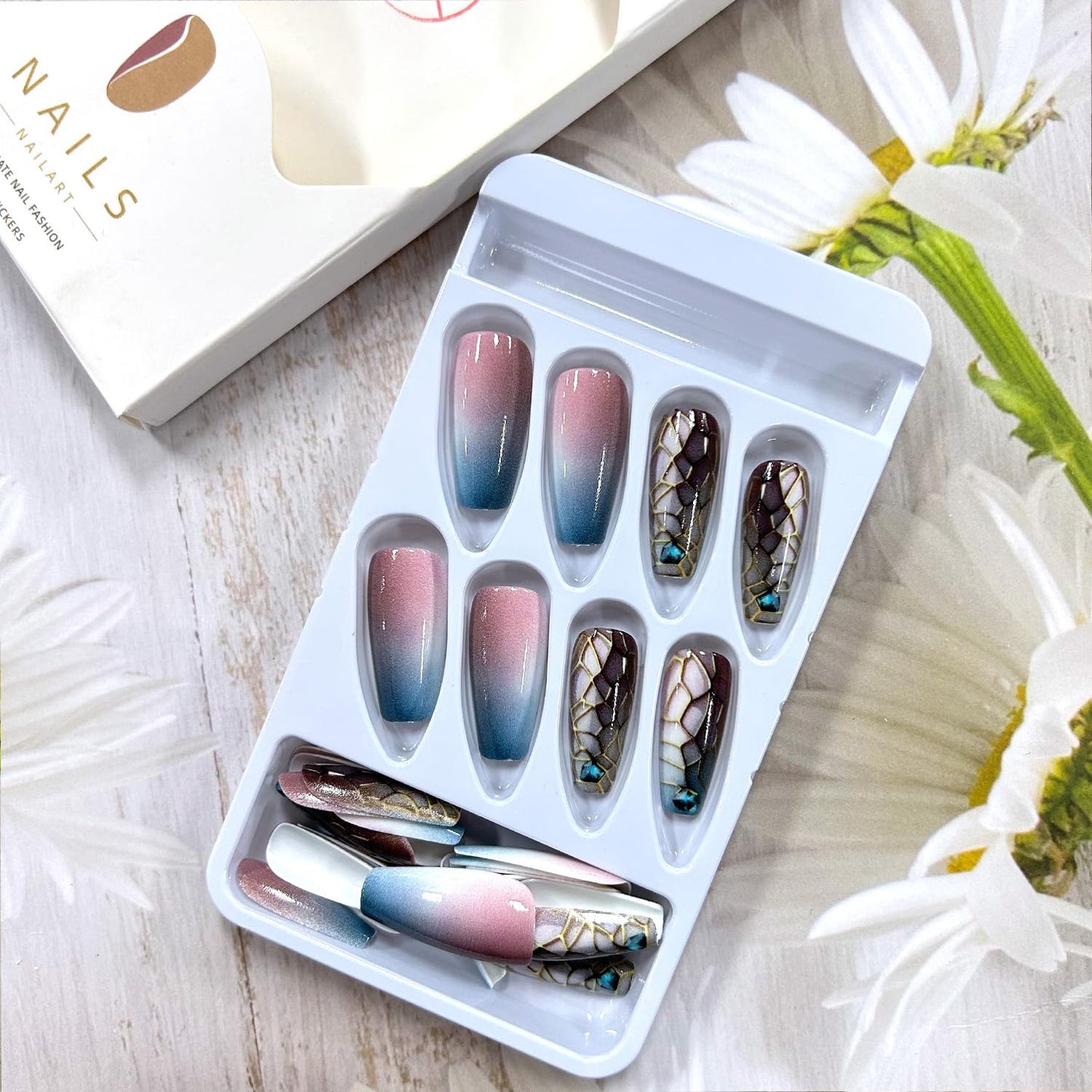 Pink Blue Gradient Press on Nails Medium Gold Mesh False Nails Blue Diamond Design Press Nails Full Cover Glossy Acrylic Nails Artificial Coffin Nails Ballet Shaped Stick on Nails for Women 24Pcs