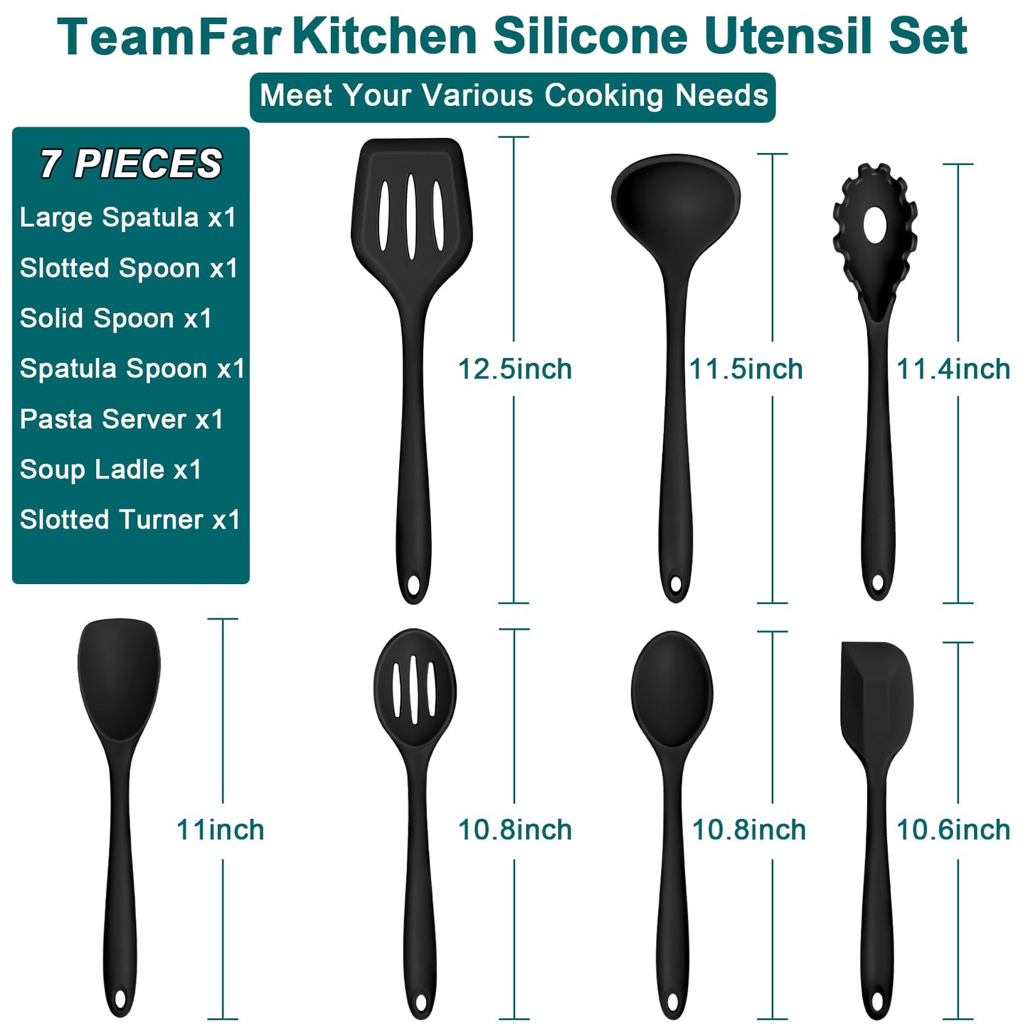 TeamFar Silicone Cooking Utensil Set of 7, Black Kitchen Nonstick Tools Turner Spoon Spatula Ladle Pasta Server for Nonstick Cookware, Healthy & One-Piece, Anti-Heat & Dishwasher Safe