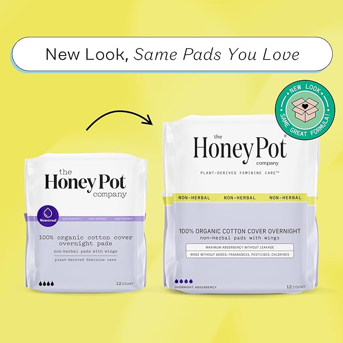 The Honey Pot Company - Sanitary Pads for Women - Non-Herbal Overnight w/Wings - Organic Cotton Cover, & Ultra-Absorbent Pulp Core - Feminine Care - FSA & HSA Eligible - 12 ct
