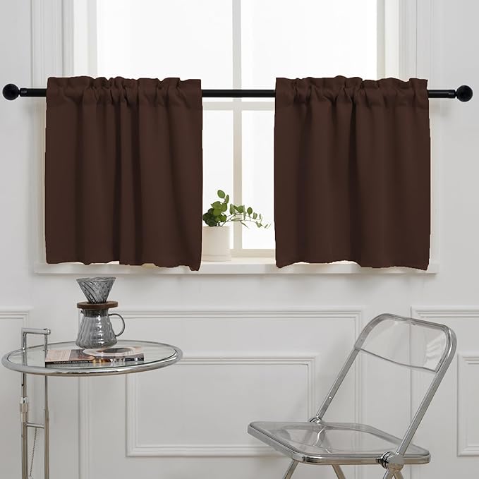Pickluc Blackout Kitchen Curtain 20 Inches Long, Rod Pocket Cafe Tier Curtains for Small Window Treatment in Living Room, Basement, RVs, Cabinets, 2 Panels, W24 X L20 Inch, Chocolate Brown