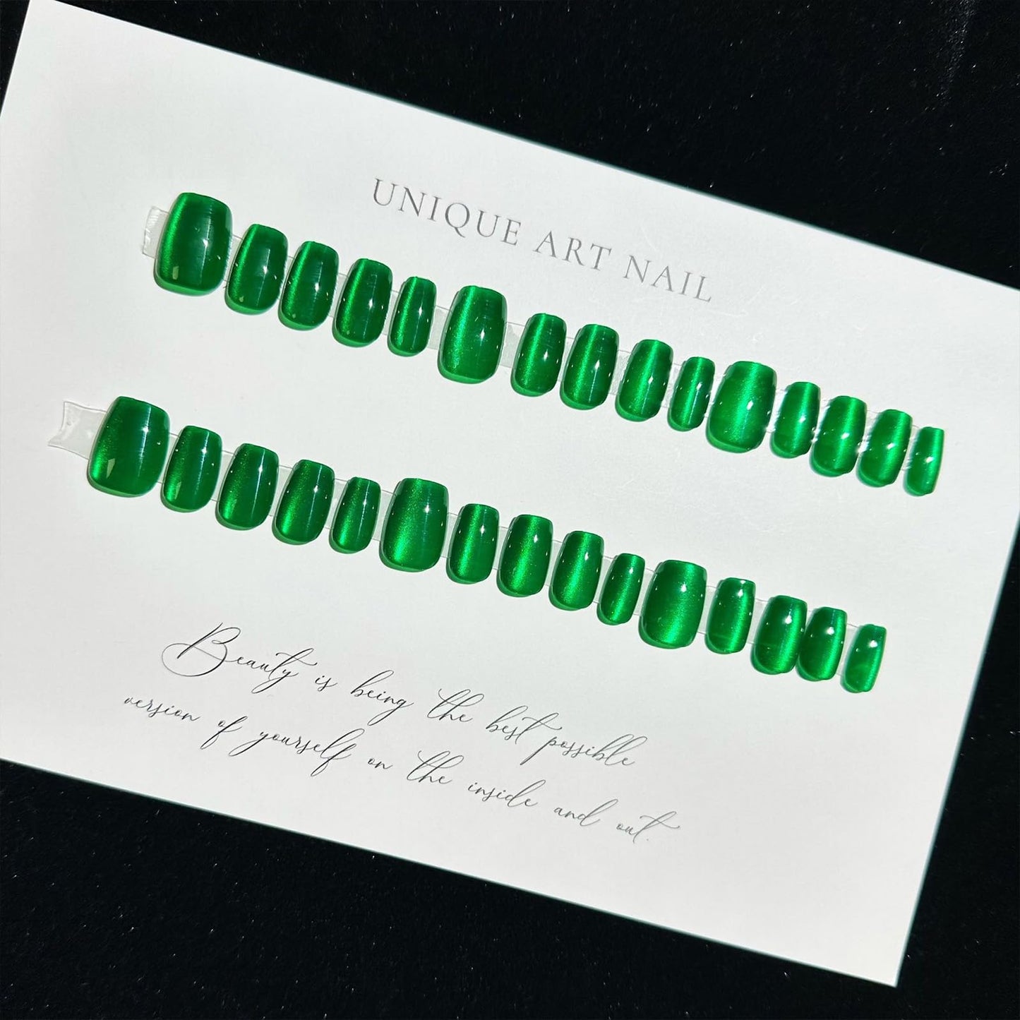 Green Press on Short Square Glitter Nails With Designs - Bling Coffin Acrylic Full Cover Glossy Artificial Stick on Nails for Women Manicure - 24pcs