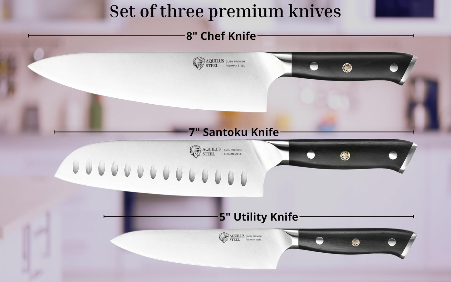 3-Piece Professional Kitchen Knife Set – Full Tang, Ultra-Sharp German 1.4116 High Carbon Stainless Steel – Forged Chef Knives with Ergonomic Ebony Wood Handles – Includes Premium Wooden Gift Box.