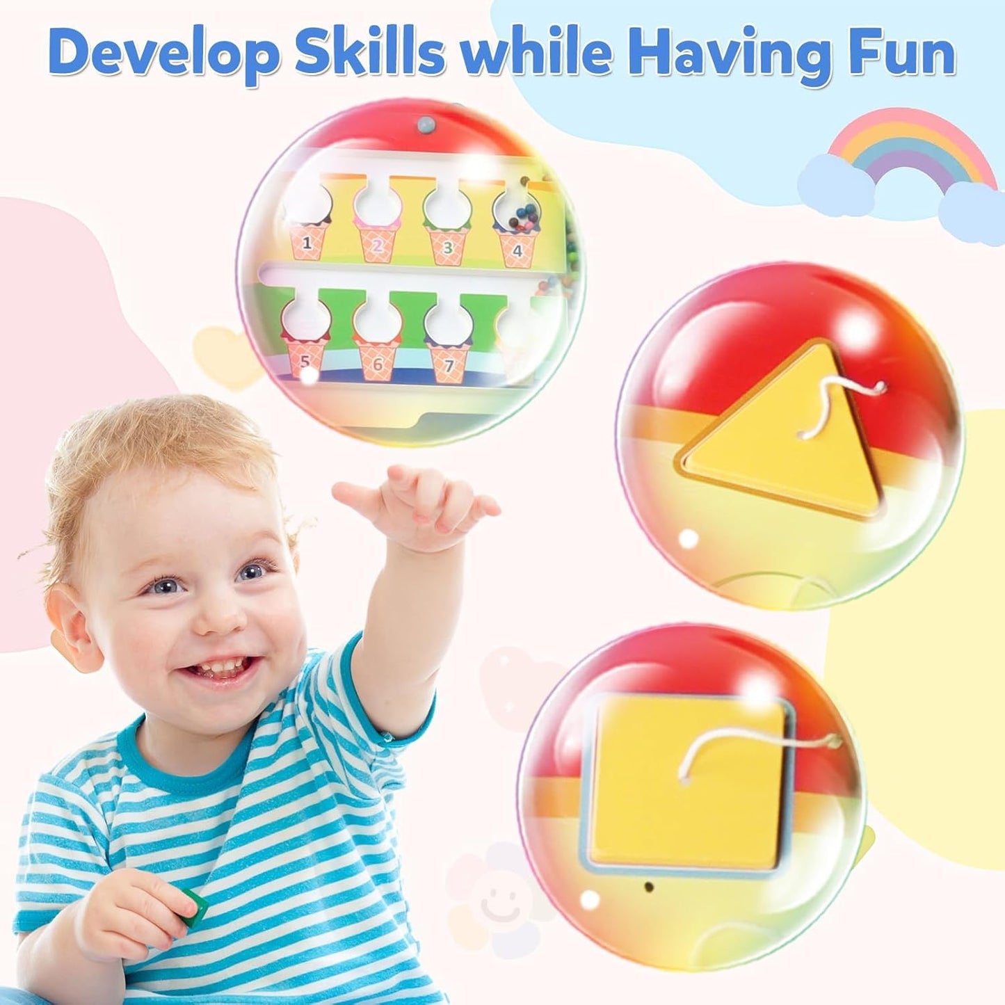 Sinpedex Rainbow Wall Busy Board for Kids: Wooden Montessori Activity Panel | 13-in-1 Sensory Learning Toys for Fine Motor Skills - Playroom & Nursery Essentials for Toddlers