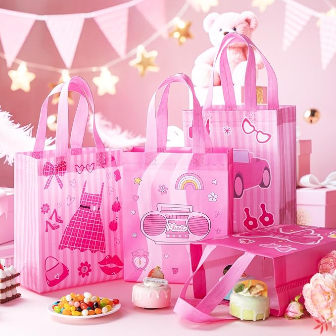 Wesnoy 48 Pcs Pink Gift Bags Bulk 10 x 8 x 4 Inch Princess Sweet Party Favors - Reusable Non Woven Hot Pink Goodie Bags Candy Treat Tote with Handles for Coquette Birthday Party Supplies