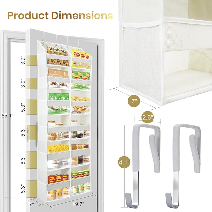 HOMELUX THEORY UPGRADED 6 Tiers Over The Door Organizer Hanging - 100D EXTRA THICK & 50lbs HUGE CAPACITY, 12 Side Mesh Pockets Over The Door Shoe Organizer, Hanging Closet Organizer (Light Gray, XL)