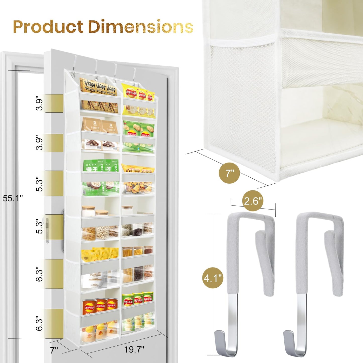 HOMELUX THEORY UPGRADED 6 Tiers Over The Door Organizer Hanging - 100D EXTRA THICK & 50lbs HUGE CAPACITY, 12 Side Mesh Pockets Over The Door Shoe Organizer, Hanging Closet Organizer (Light Gray, XL)