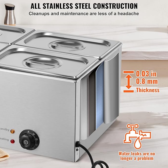 VEVOR 4-Pan Commercial Food Warmer, 15.9QT Electric Steam Table, 1200W Professional Countertop Stainless Steel Buffet Bain Marie with 86-185°F Temp Control for Catering and Restaurants, Silver