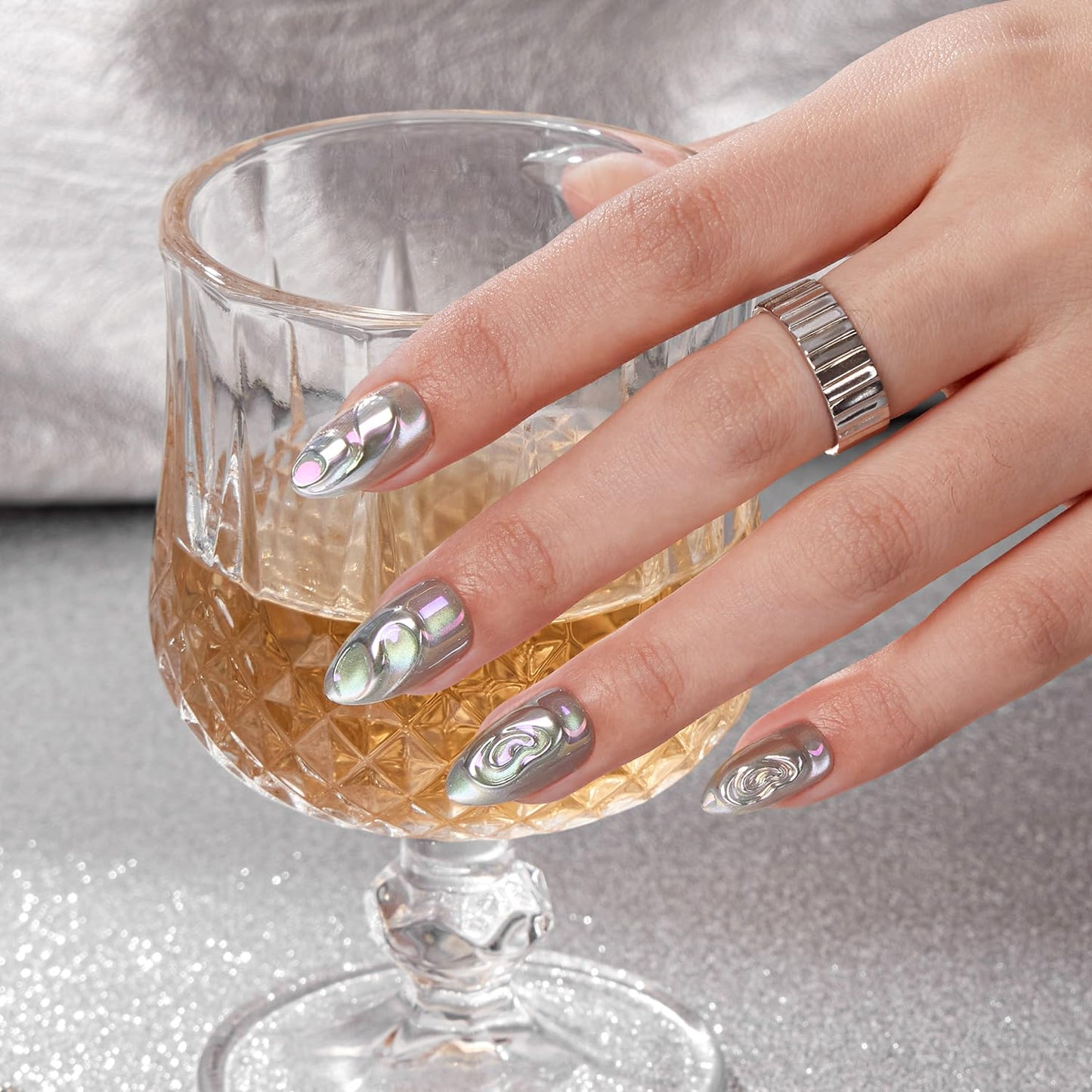 VSALON Press on Nails Short Almond - Chrome Silver Cat Eye 3D Swirl Design Fake Nails Kit for Women, Reusable Salon Quality Spring Summer Glue on Nails - 32 PCS Stick on Nails in 16 Sizes with Glue