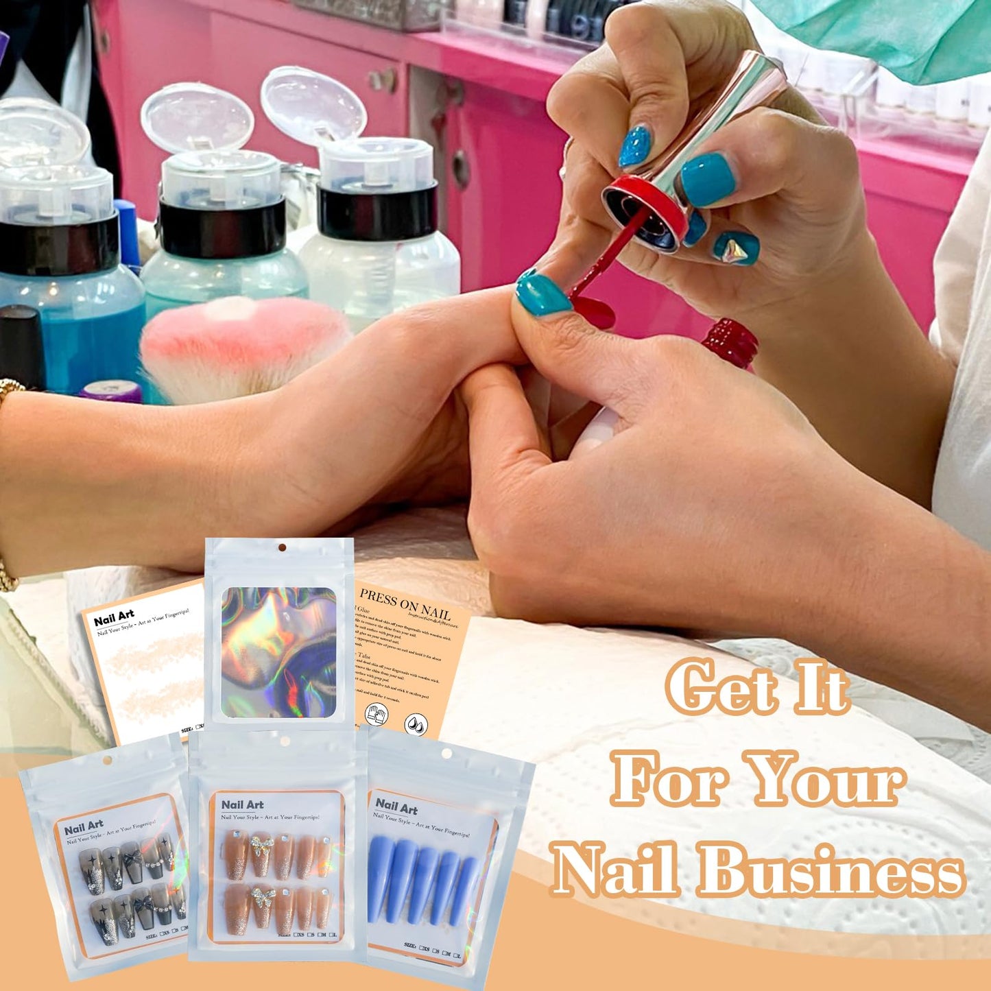 202pcs Press on Nail Packaging Bag, 100pcs Empty Holographic Nail Storage Bag and 100pcs Instruction&Display Black Cardboard with 2 Roll Transparent Tape for Nail Display Profession Salon(White, 100)