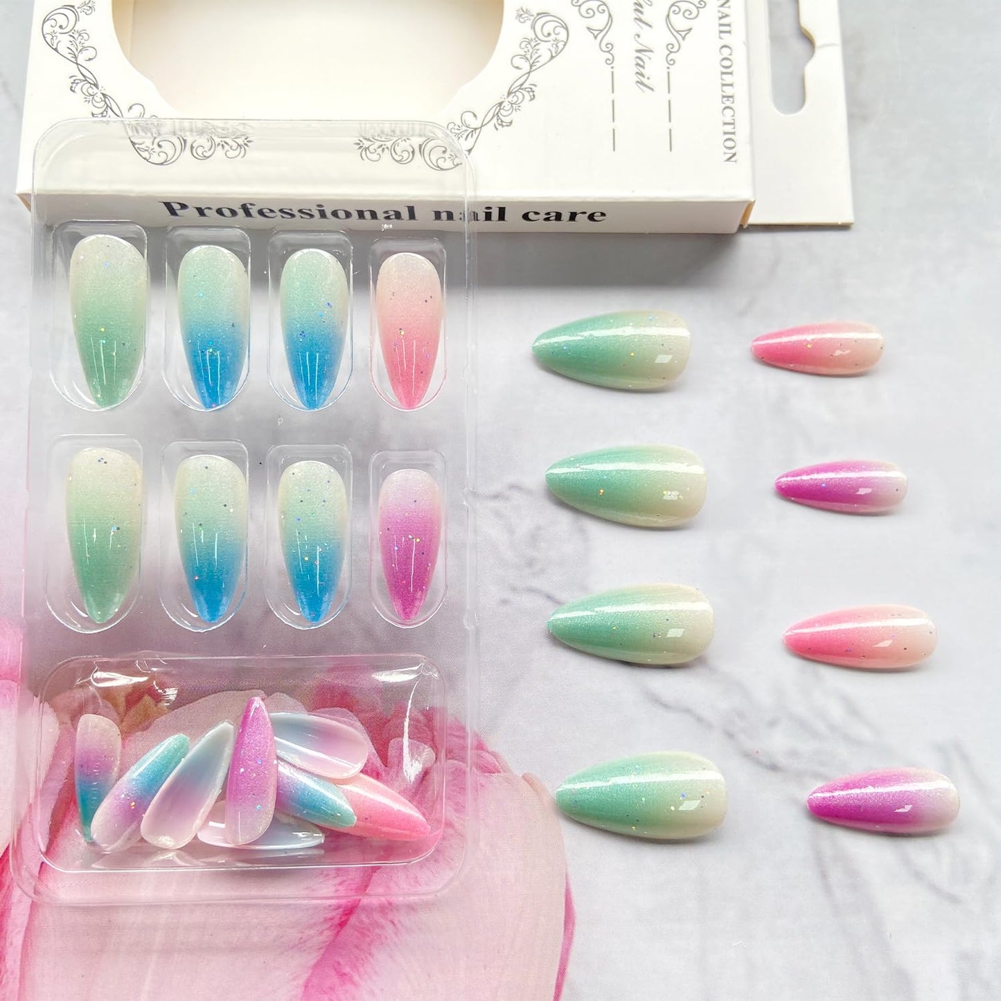 Multicolor Gradient Fake Nails Long Almond Press on Nails with Glue on Nails Glossy Artificial False Nails Acrylic Ombre Stick on Nails for Women Girls