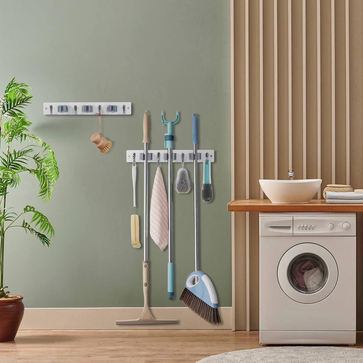 2 Pack White Mop Broom Holder Wall Mount with 3 Slots & 4 Hooks (2 Count)