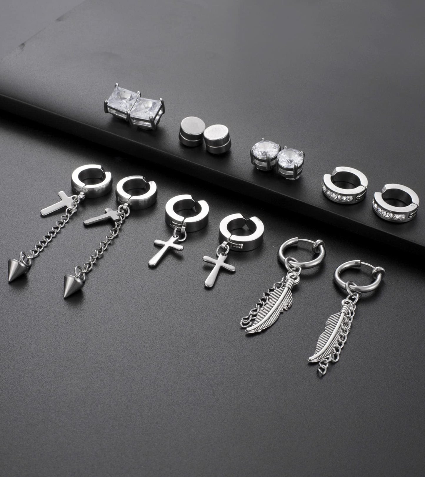Ofeiyaa 12 Pairs Magnetic Stud Earrings Stainless Steel CZ Hoop Punk Feather Dangle Hinged Non-Piercing Earrings Clip on Magnet Earring Set for Women Men Silver Plated