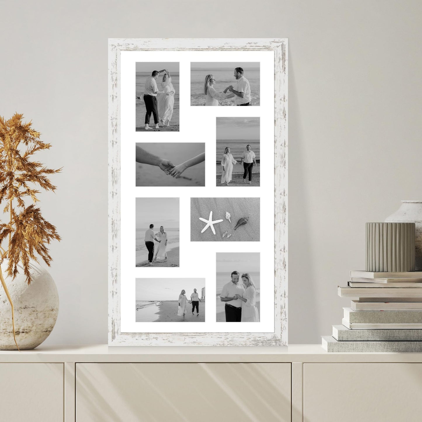 Hongkee 12x22 Picture Frame Set of 2, Distressed White with Glass Collage Frame, Display Eight Opening 4x6 Photos With Mat or 12 x 22 Newspaper Without Mat - Horizontal or Vertical Wall Mounting