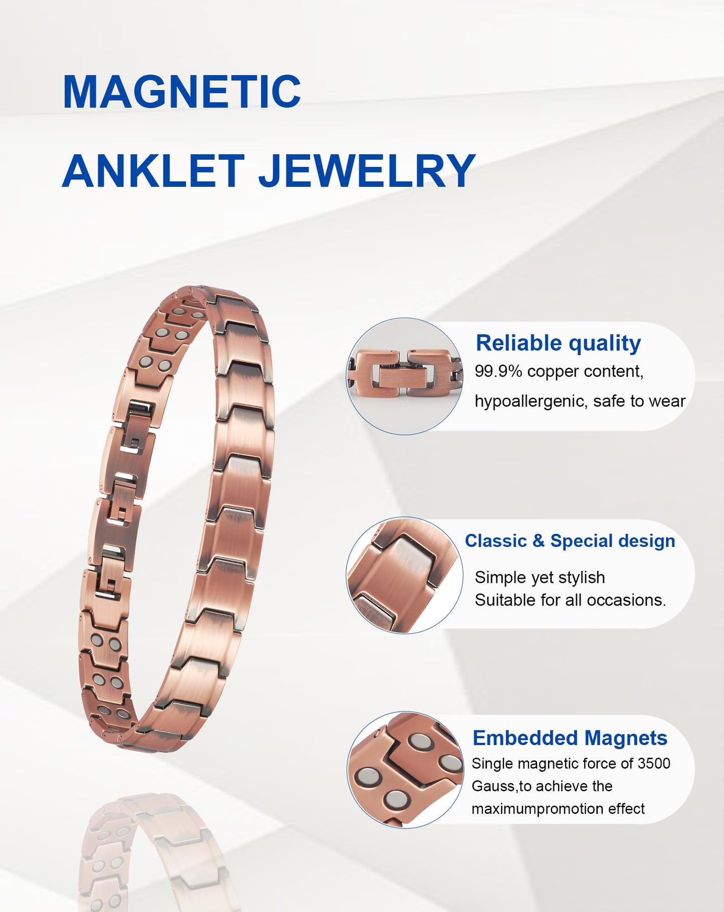 MagSølv Copper Magnetic Anklet for Men, 99% Pure Copper Double Row Magnet Ankle Bracelet with 3500 Gauss and Adjustable Link Buckle