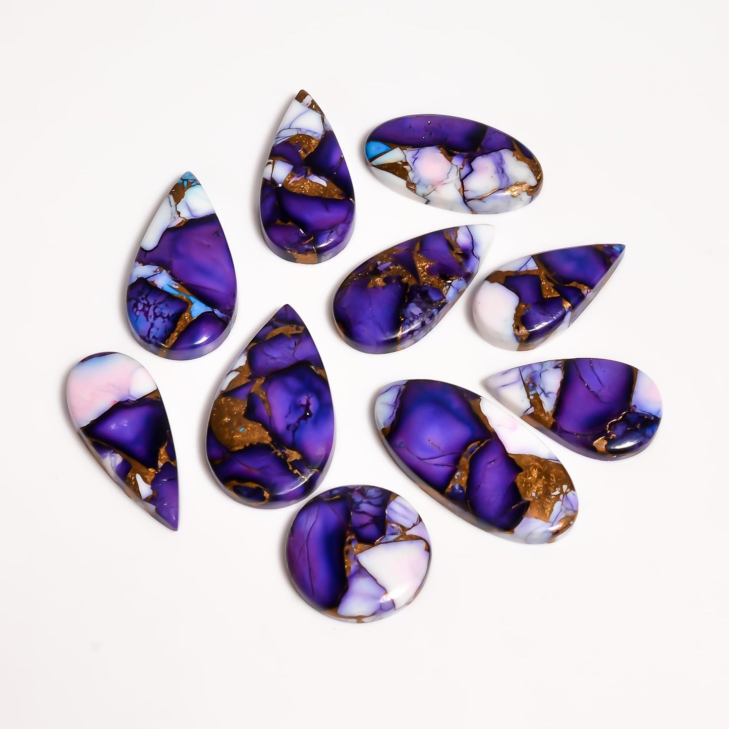 GEMKORA (3pcs) 20 to 25mm Purple Oyster Copper Turquoise Gemstones Wholesale Cabochons Lot, Jewelry Making Loose Polished Gems, DIY, Wire Wrapping, Flat Backs, Bulk Gemstone, Birthstone Crystals