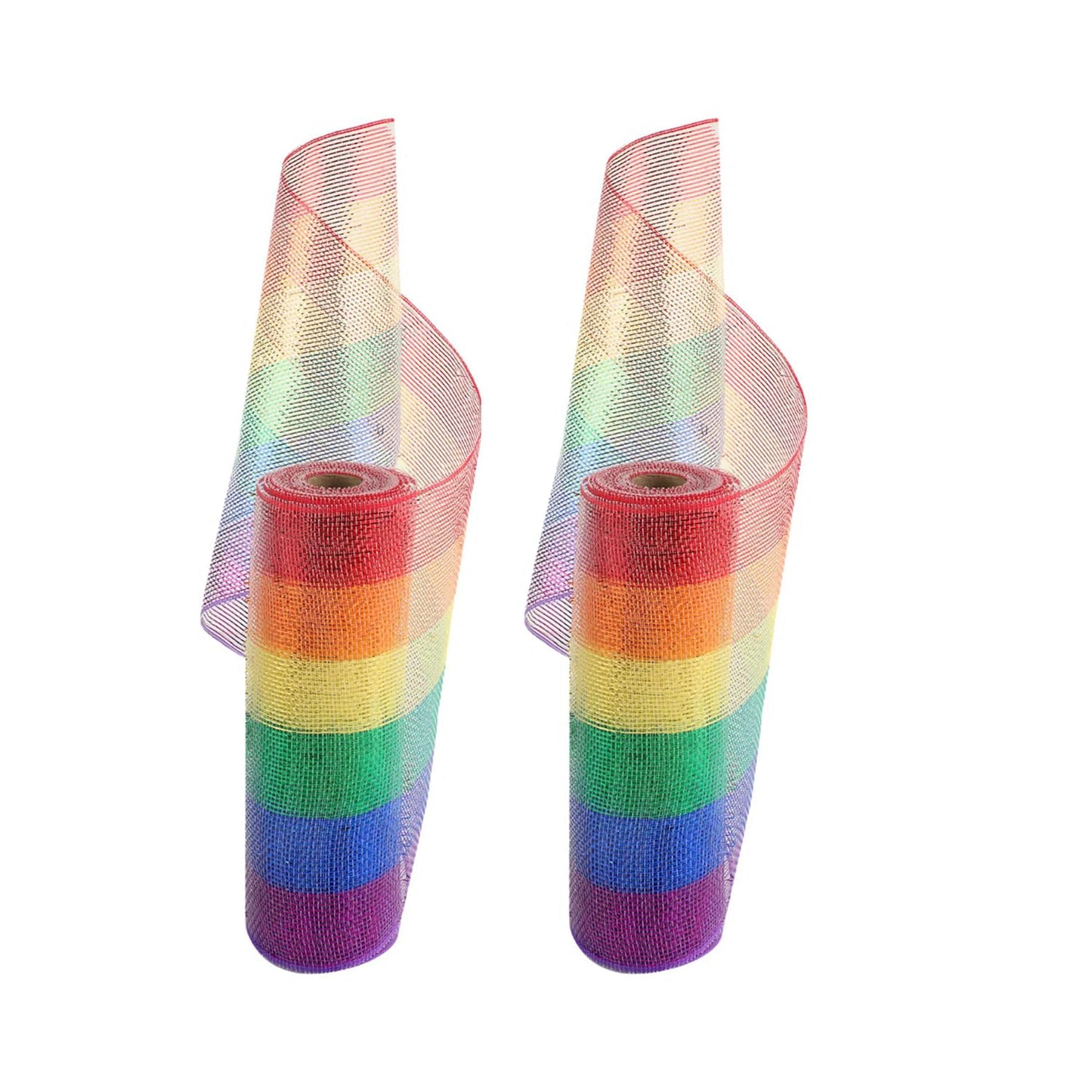 GouZaak 2 Rolls Rainbow Deco Mesh Ribbon 10 in x 30 ft, Metallic Mesh Ribbon Poly Mesh Rolls for DIY Wreath Supplies Christmas Tree Party Decoration Gift Wrapping,Floral