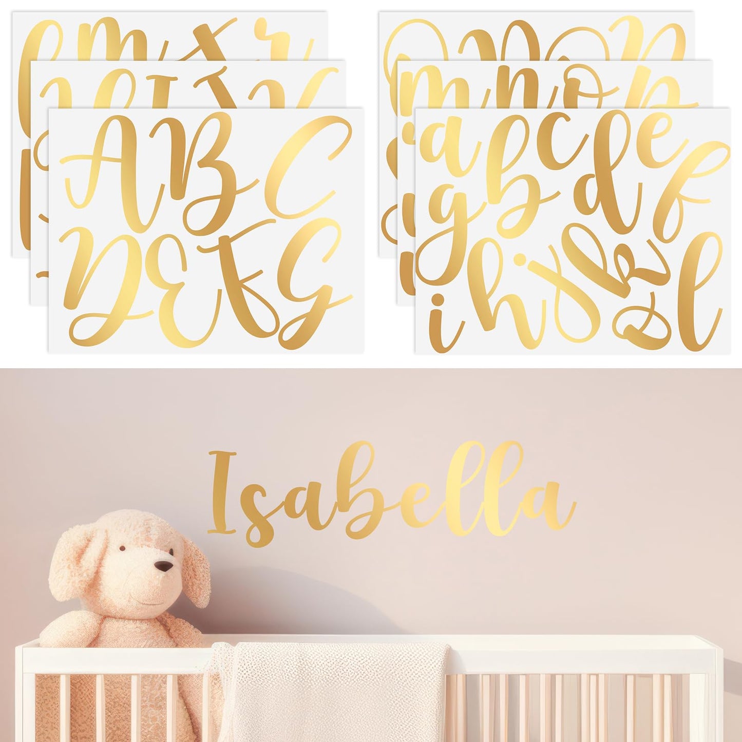 Boao Personalized Name Wall Decal Large Cursive Letter Stickers Big Alphabet Custom Stickers Nursery Wall Decal for Backdrop Bedside Bedroom Home Classroom DIY Craft(Classic,Gold,Regular)