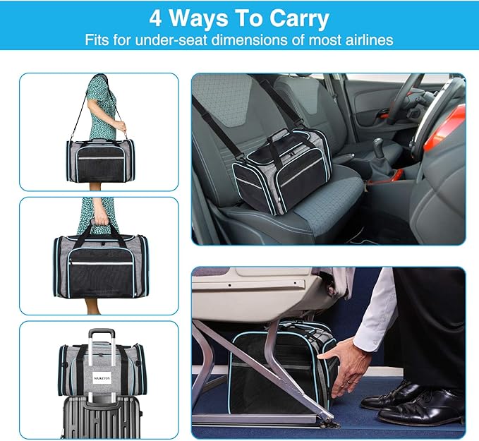 MASKEYON Airline Approved Portable Pet Carrier 2 Sides Expandable Soft-Sided Large Cats Carrier Collapsible Kennel Travel TSA Carrier 4 Doors with Removable Pads and 3 Pockets for Puppy Small Dogs